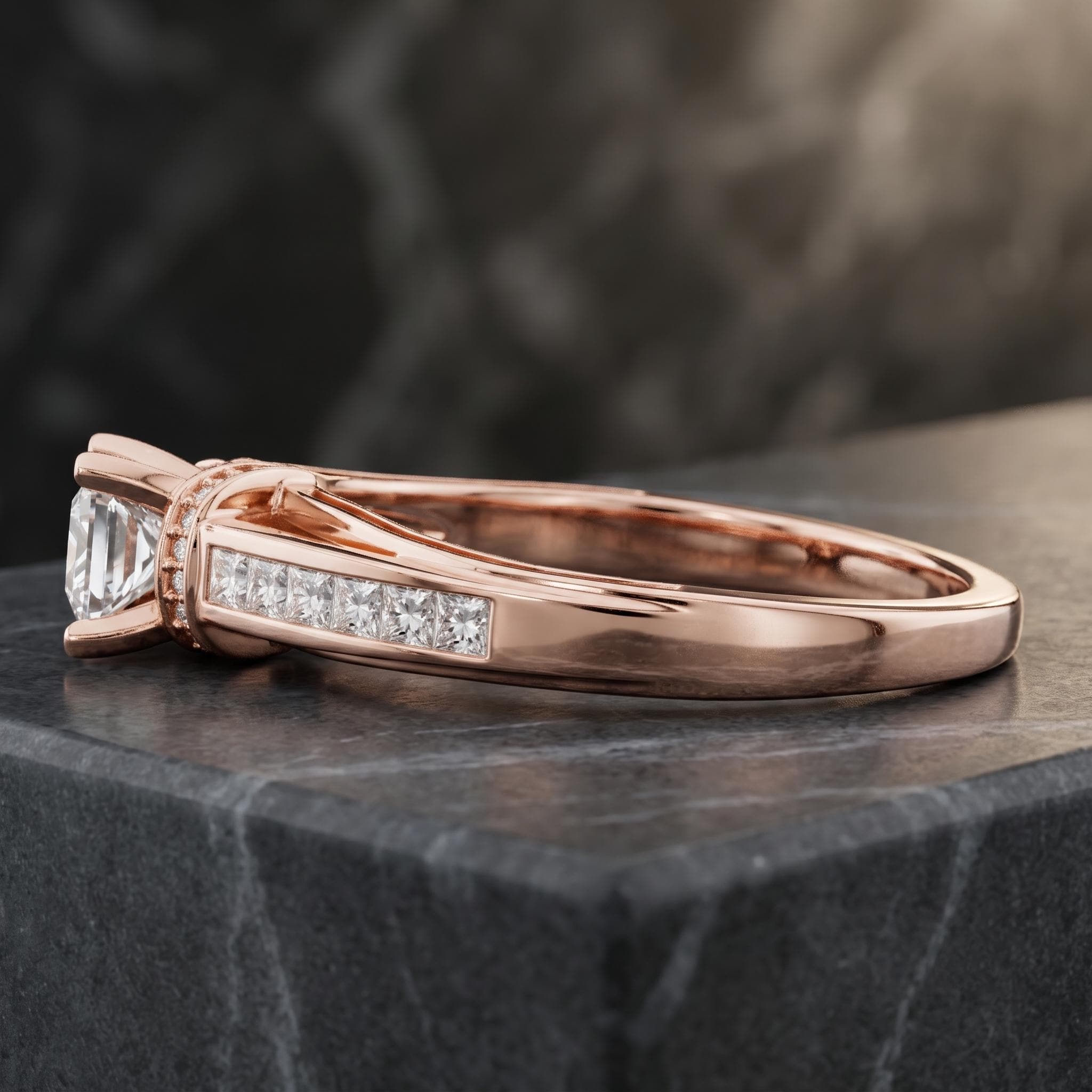 Rose Gold Plated Sterling Silver Princess Cut Moissanite Halo Ring, Art Deco Wedding Band