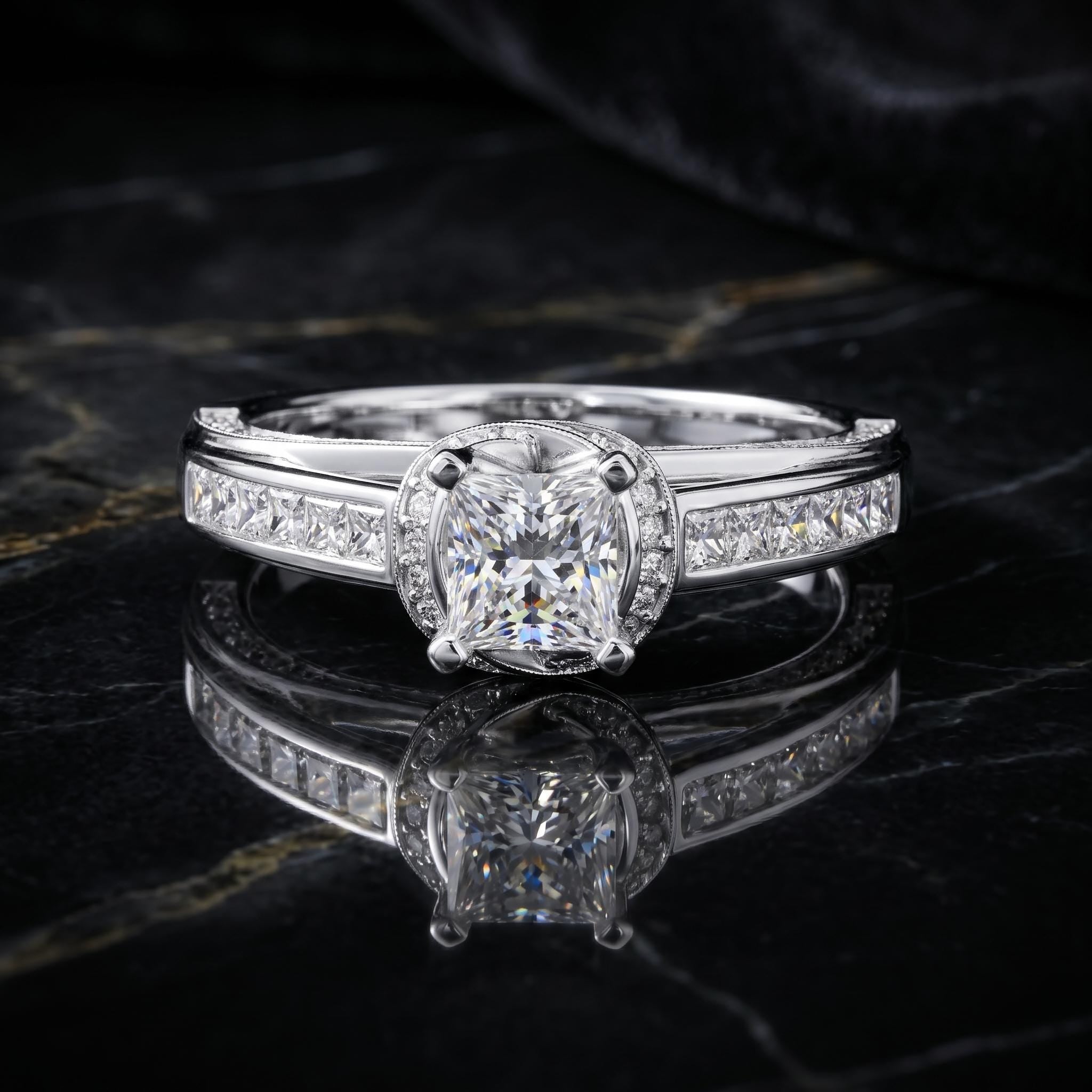 Rose Gold Plated Sterling Silver Princess Cut Moissanite Halo Ring, Art Deco Wedding Band