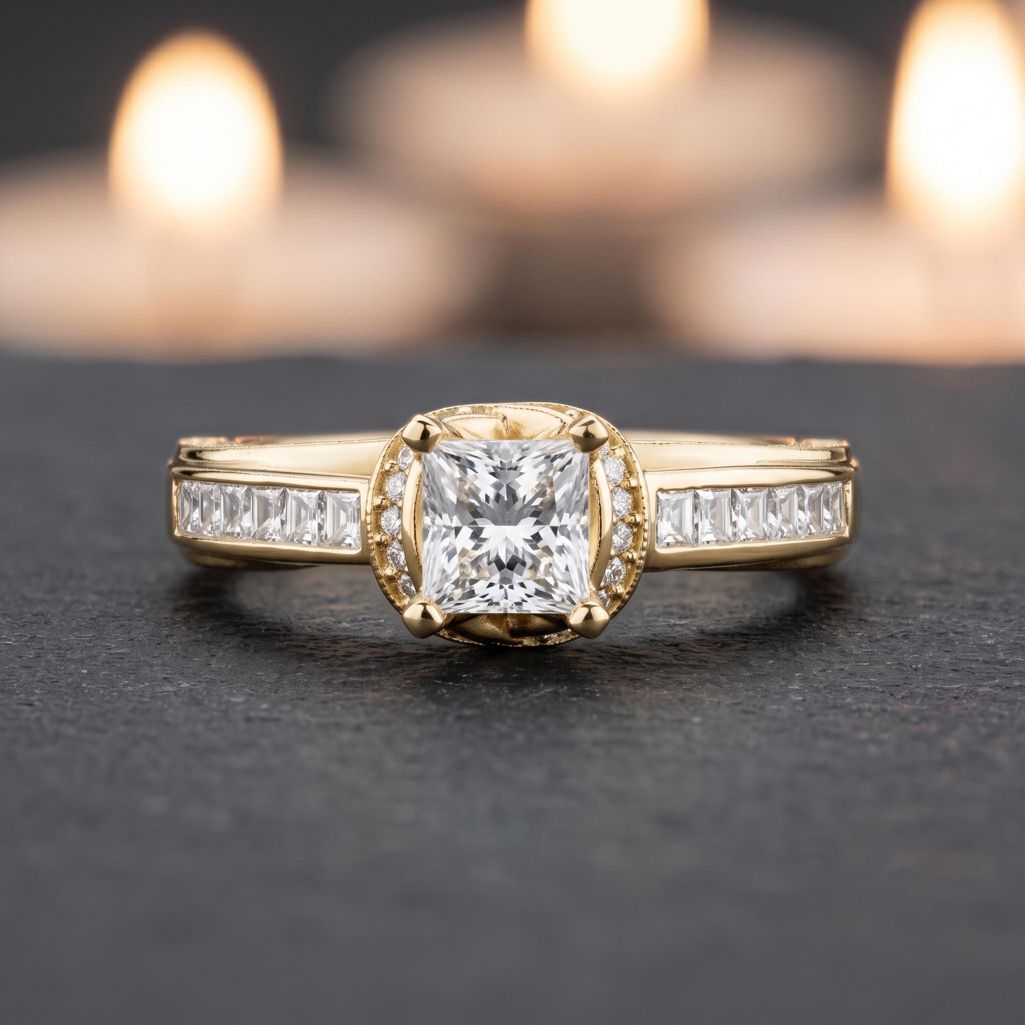Rose Gold Plated Sterling Silver Princess Cut Moissanite Halo Ring, Art Deco Wedding Band