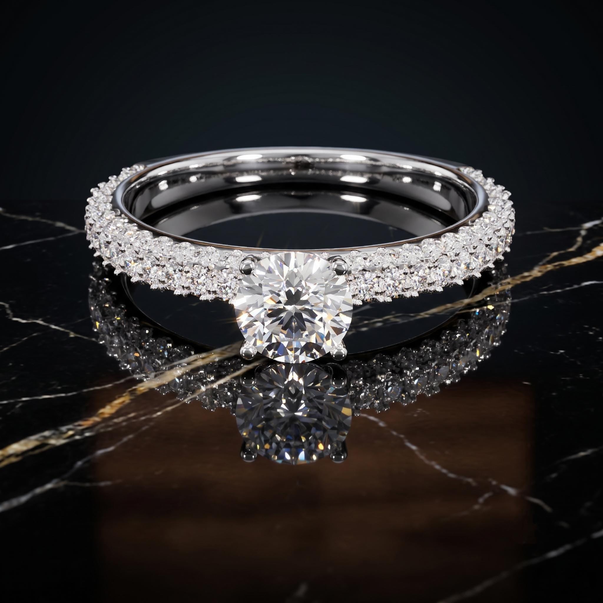 Round Moissanite Solitaire Ring, 925 Sterling Silver, Triple Pave Shank, Bridal Promise Jewelry