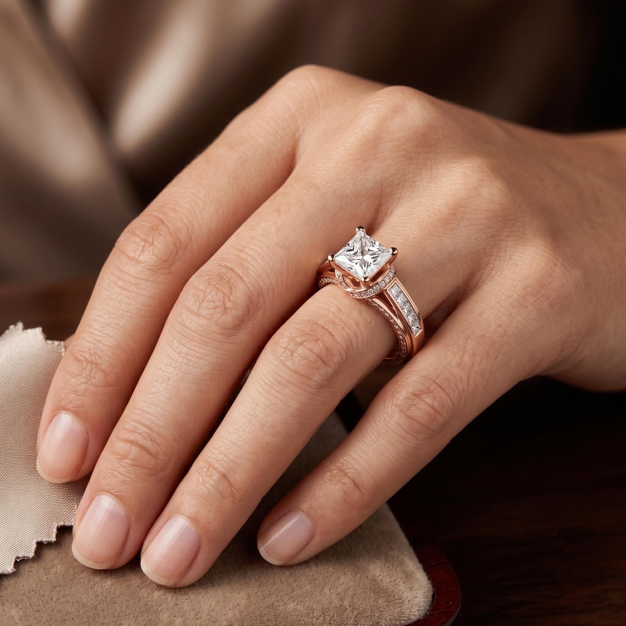 Rose Gold Plated Sterling Silver Princess Cut Moissanite Halo Ring, Art Deco Wedding Band