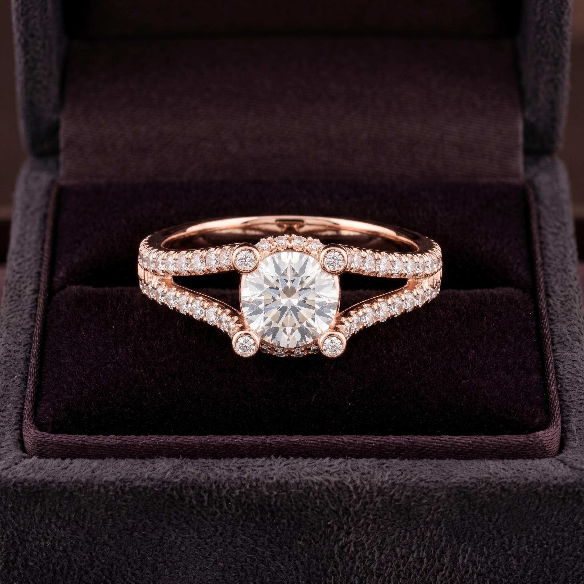 Rose Gold Plated Sterling Silver Moissanite Engagement Ring, Split Shank Pave Band