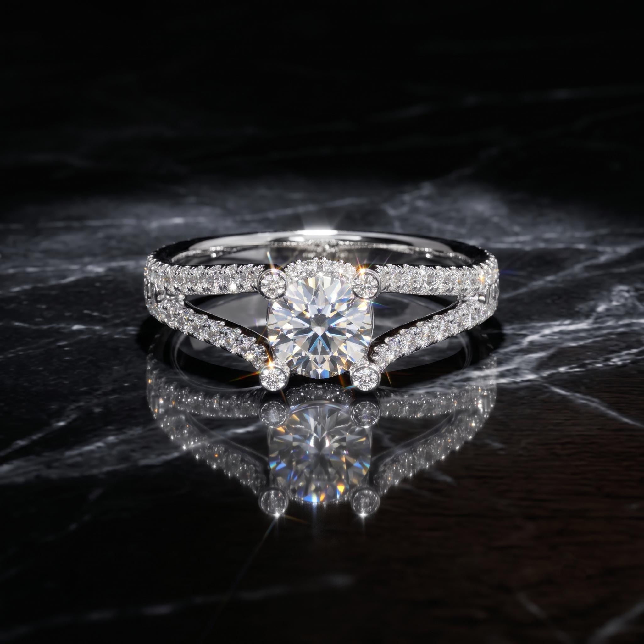 Rose Gold Plated Sterling Silver Moissanite Engagement Ring, Split Shank Pave Band