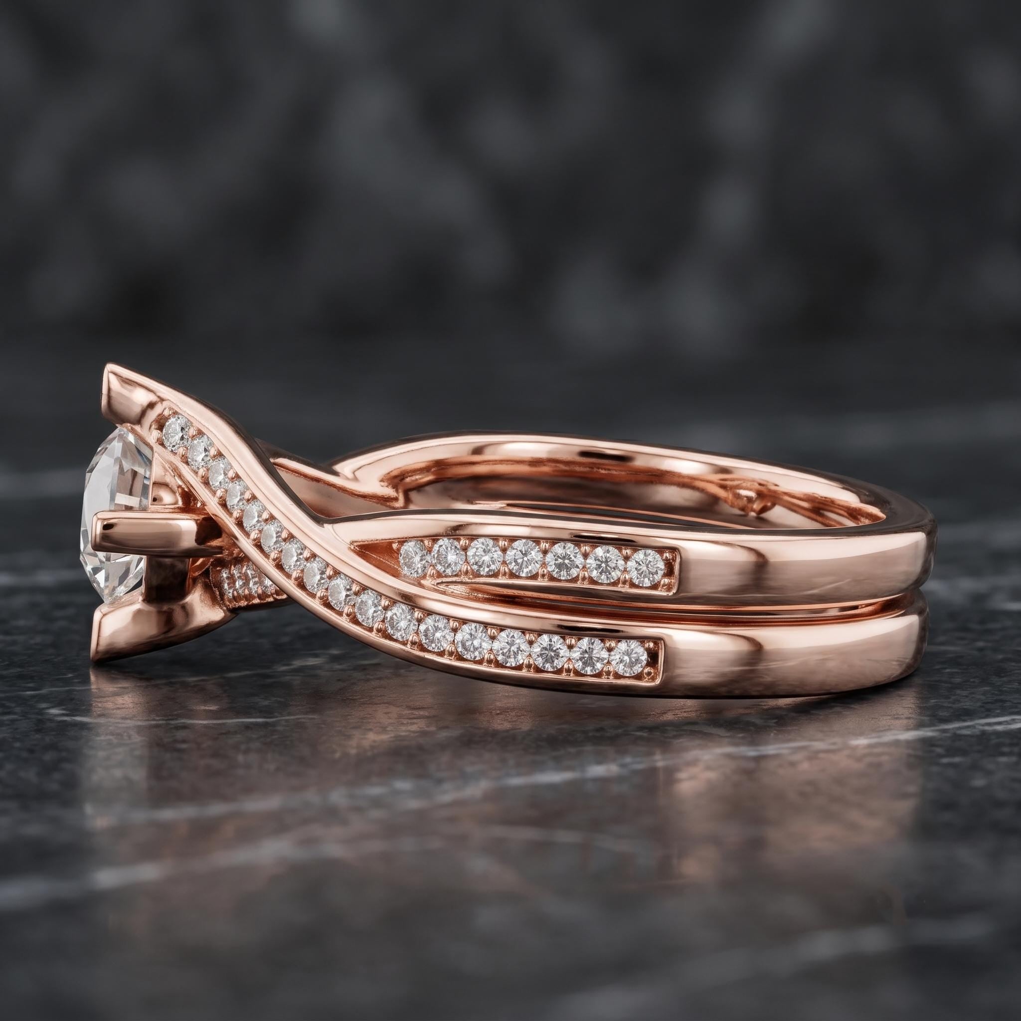 Sterling Silver Moissanite Engagement Ring, Rose Gold Plated Criss Cross Shank, Minimalist Bridal Jewelry