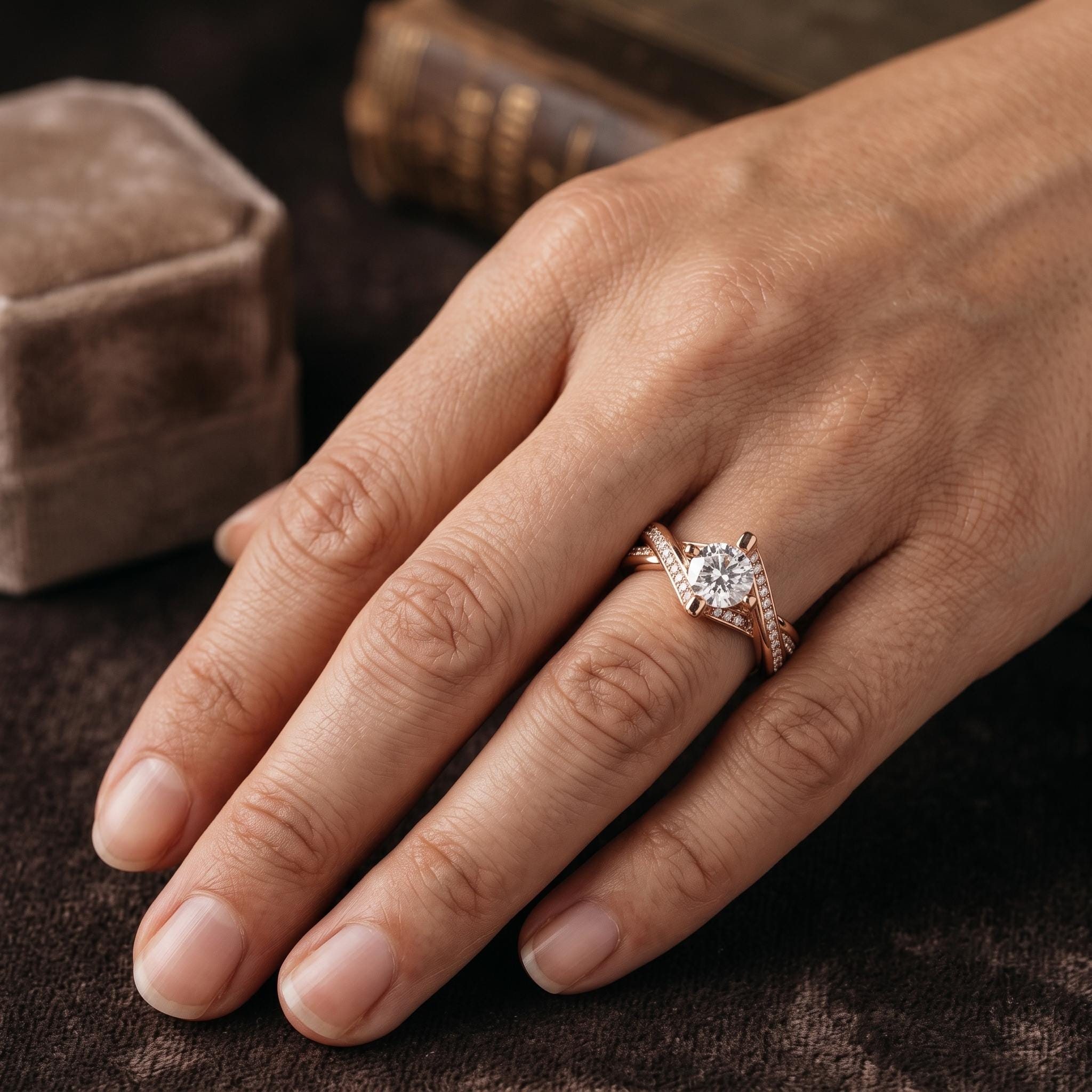 Sterling Silver Moissanite Engagement Ring, Rose Gold Plated Criss Cross Shank, Minimalist Bridal Jewelry