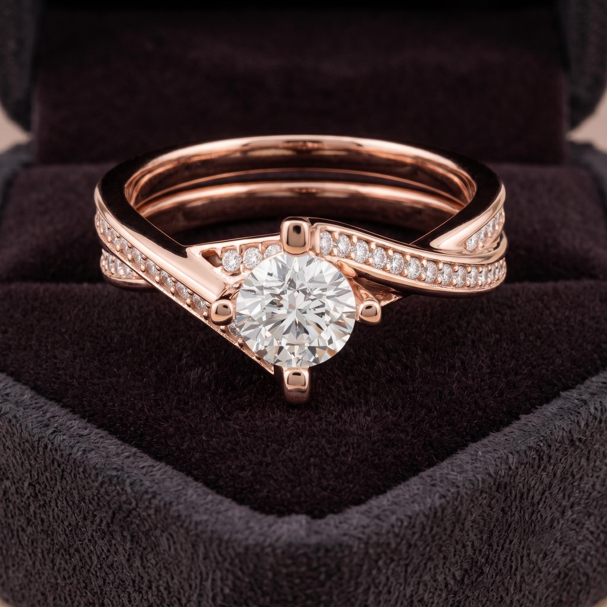 Sterling Silver Moissanite Engagement Ring, Rose Gold Plated Criss Cross Shank, Minimalist Bridal Jewelry