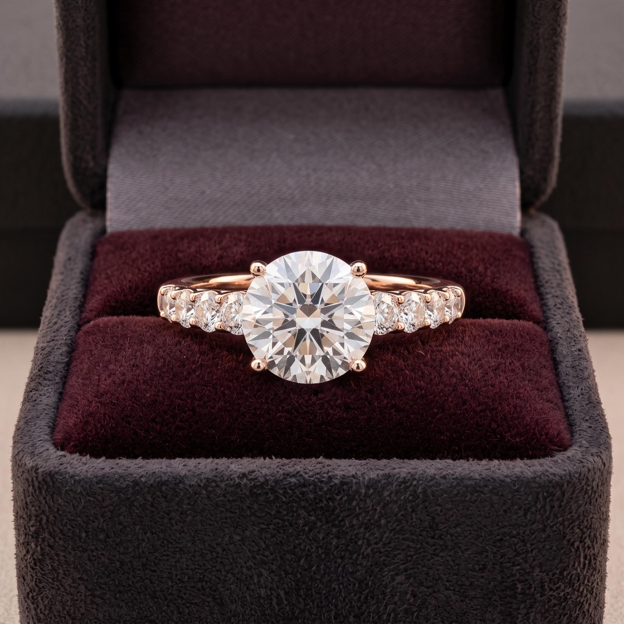 Rose Gold Vermeil Sterling Silver Moissanite Engagement Ring, Graduated Side Stones