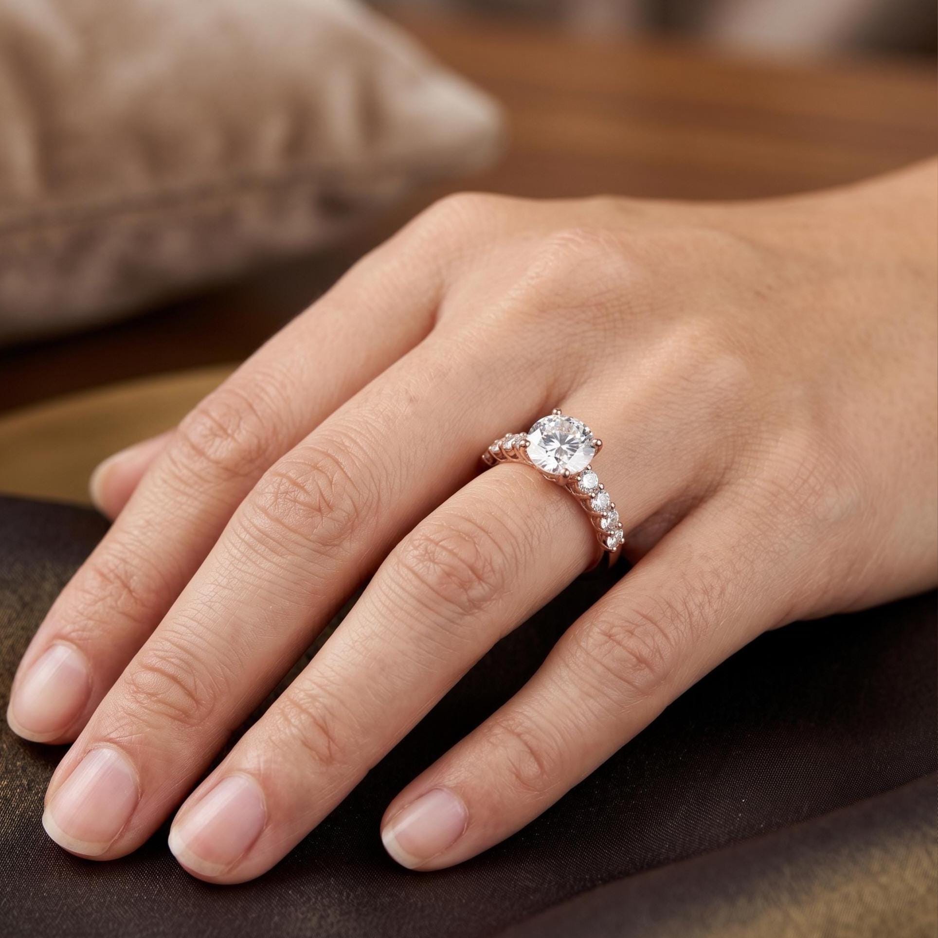 Rose Gold Vermeil Sterling Silver Moissanite Engagement Ring, Graduated Side Stones