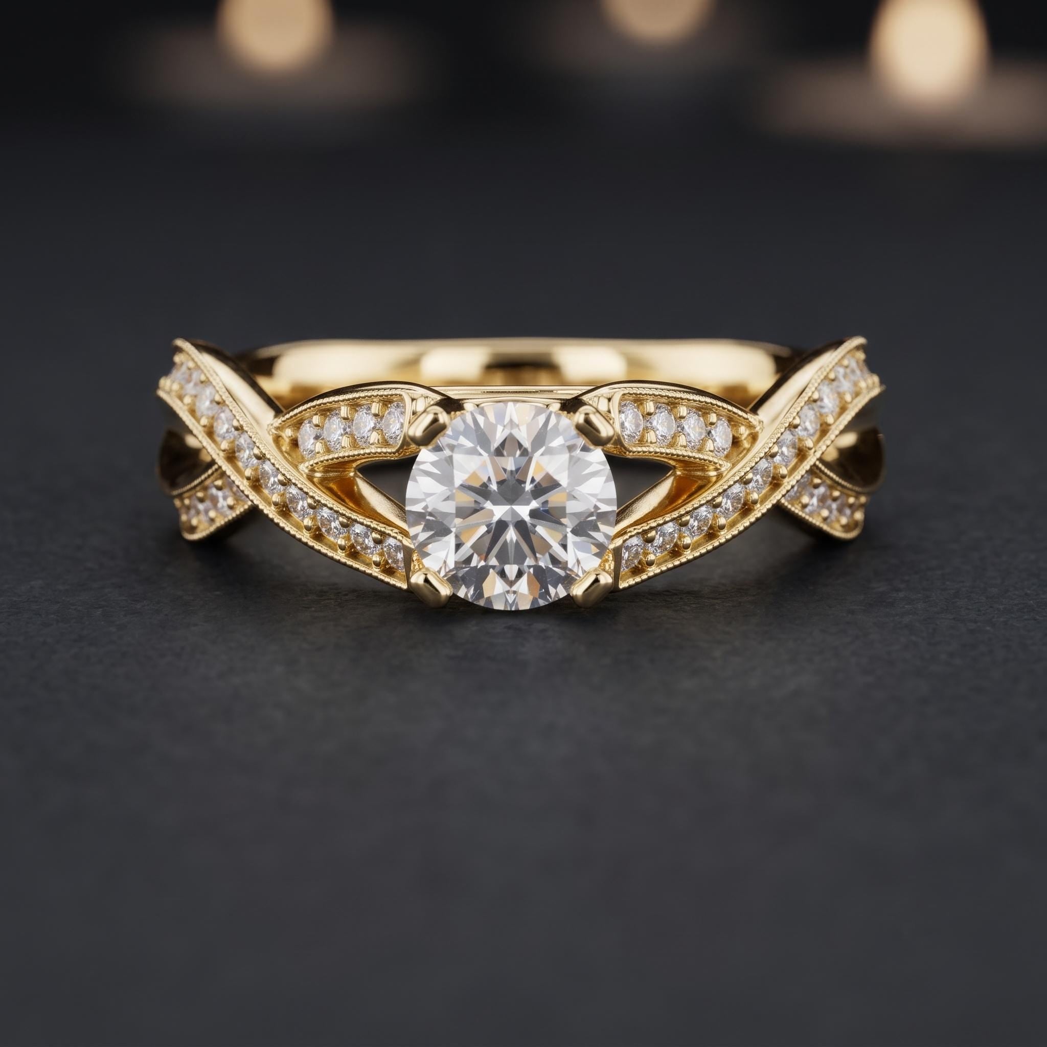 Sterling Silver Moissanite Engagement Ring, Twisted Vine Band, Milgrain Infinity Design
