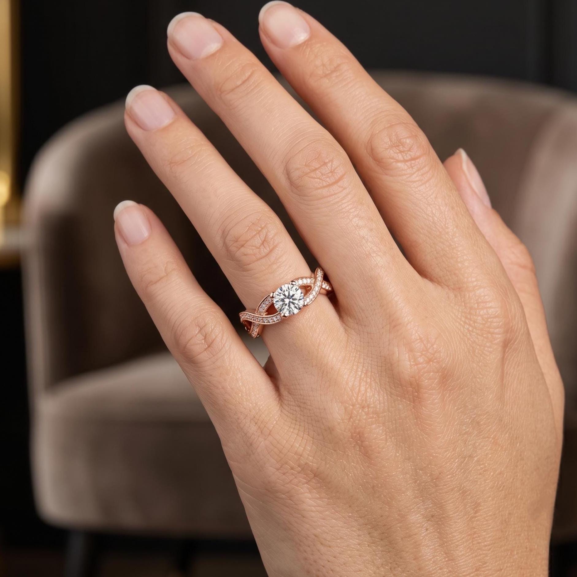 Sterling Silver Moissanite Engagement Ring, Twisted Vine Band, Milgrain Infinity Design