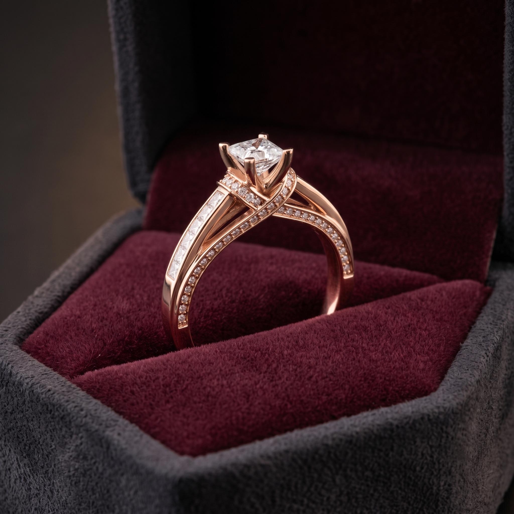 Rose Gold Plated Sterling Silver Princess Cut Moissanite Halo Ring, Art Deco Wedding Band