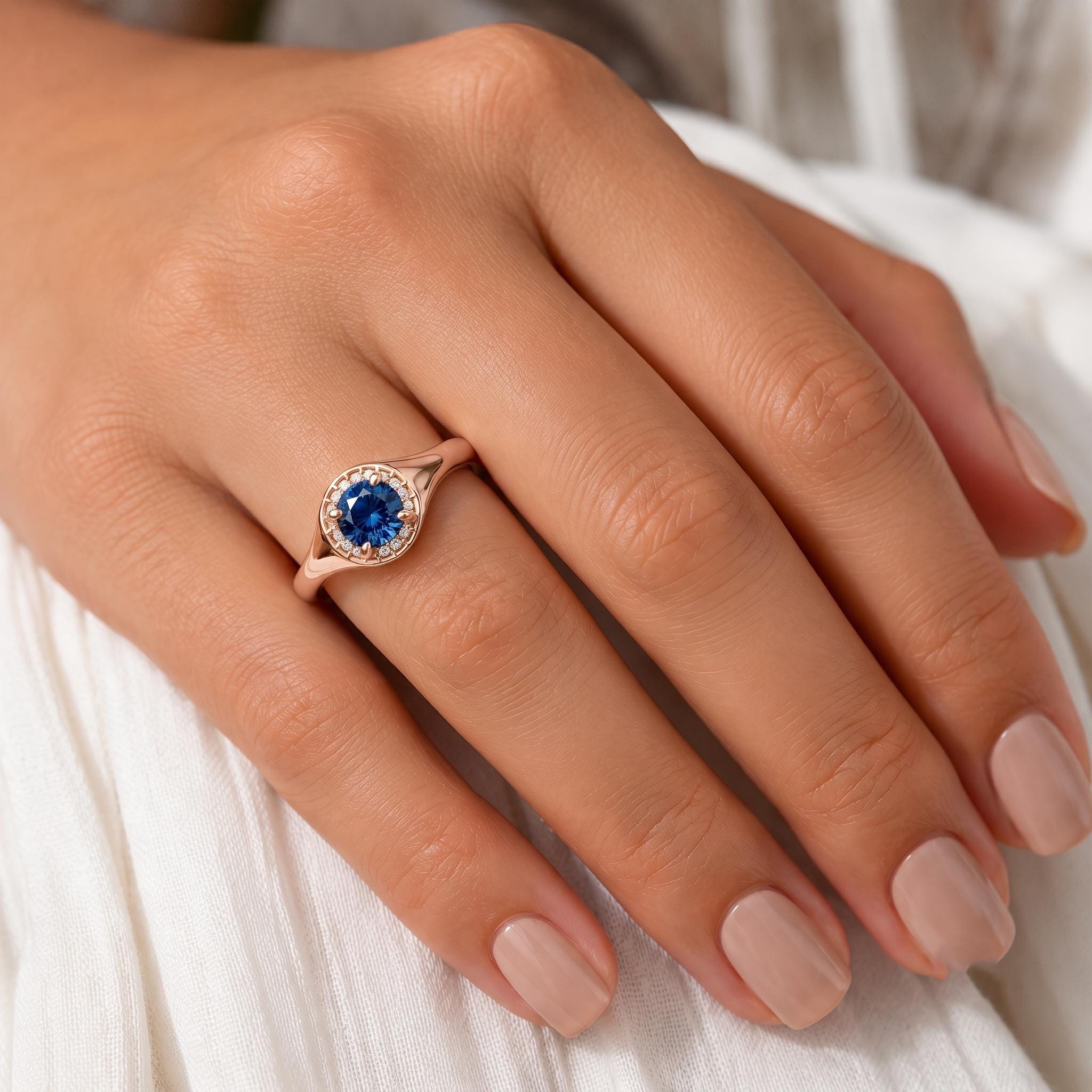 Vintage Swirl Blue Sapphire Moissanite Halo Ring, 925 Sterling Silver, Bridal Shower Jewelry