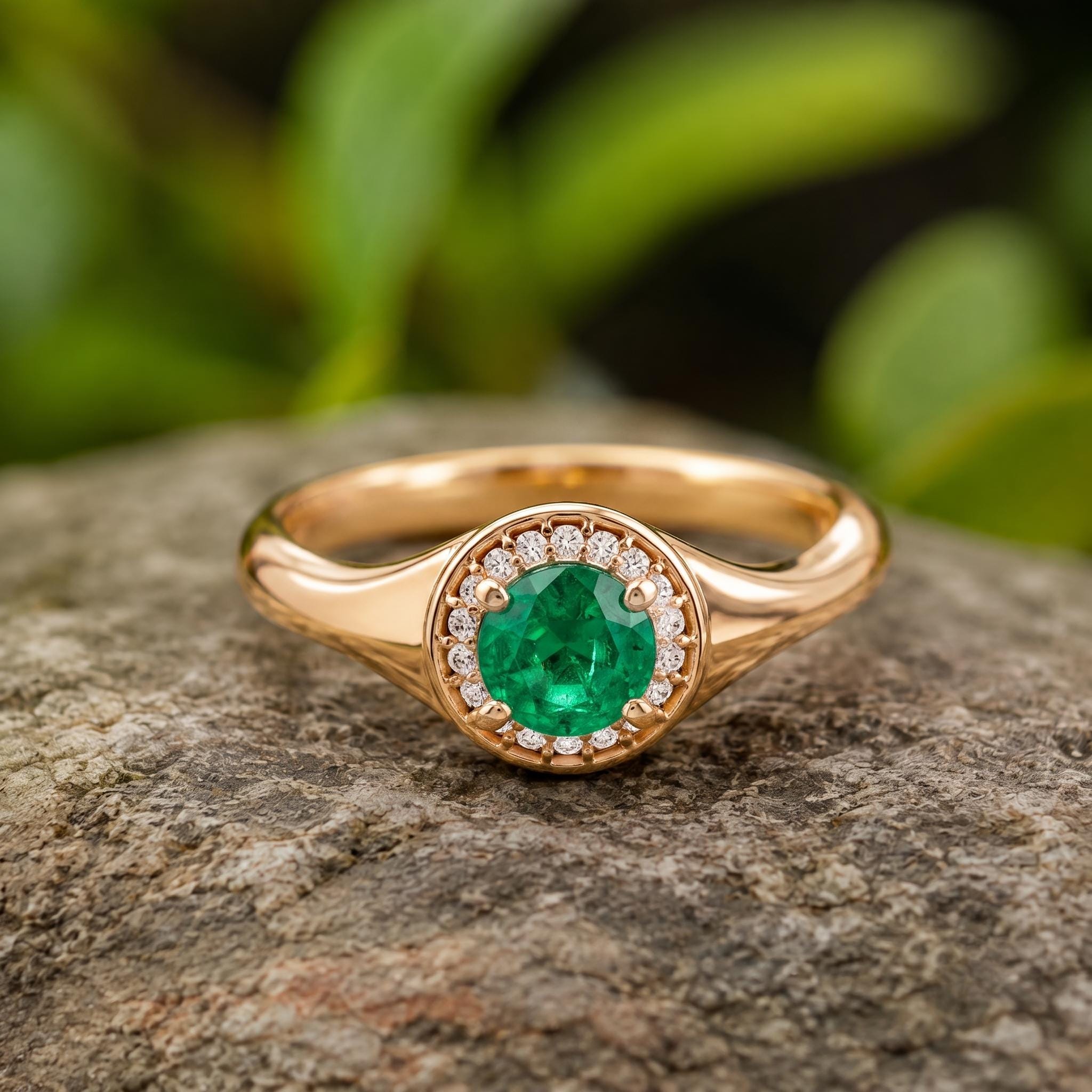 Sterling Silver Emerald Signet Ring, Rose Gold Plated Halo, Moissanite Accent (52801277)