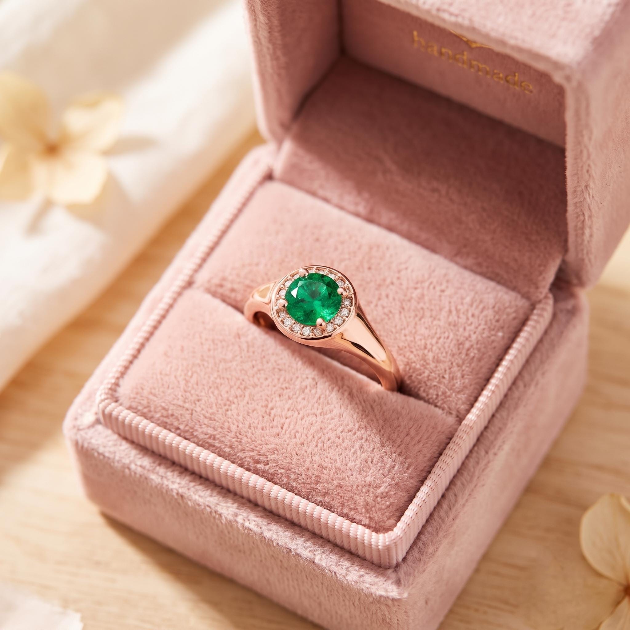 Sterling Silver Emerald Signet Ring, Rose Gold Plated Halo, Moissanite Accent (52801277)