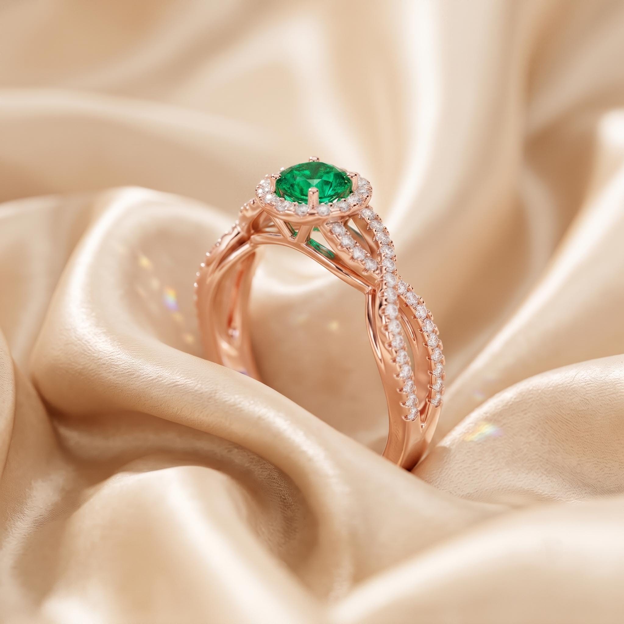 Rose Gold Over Sterling Silver Round Cut Emerald Halo Ring, Criss Cross Shank, Moissanite Side Stones