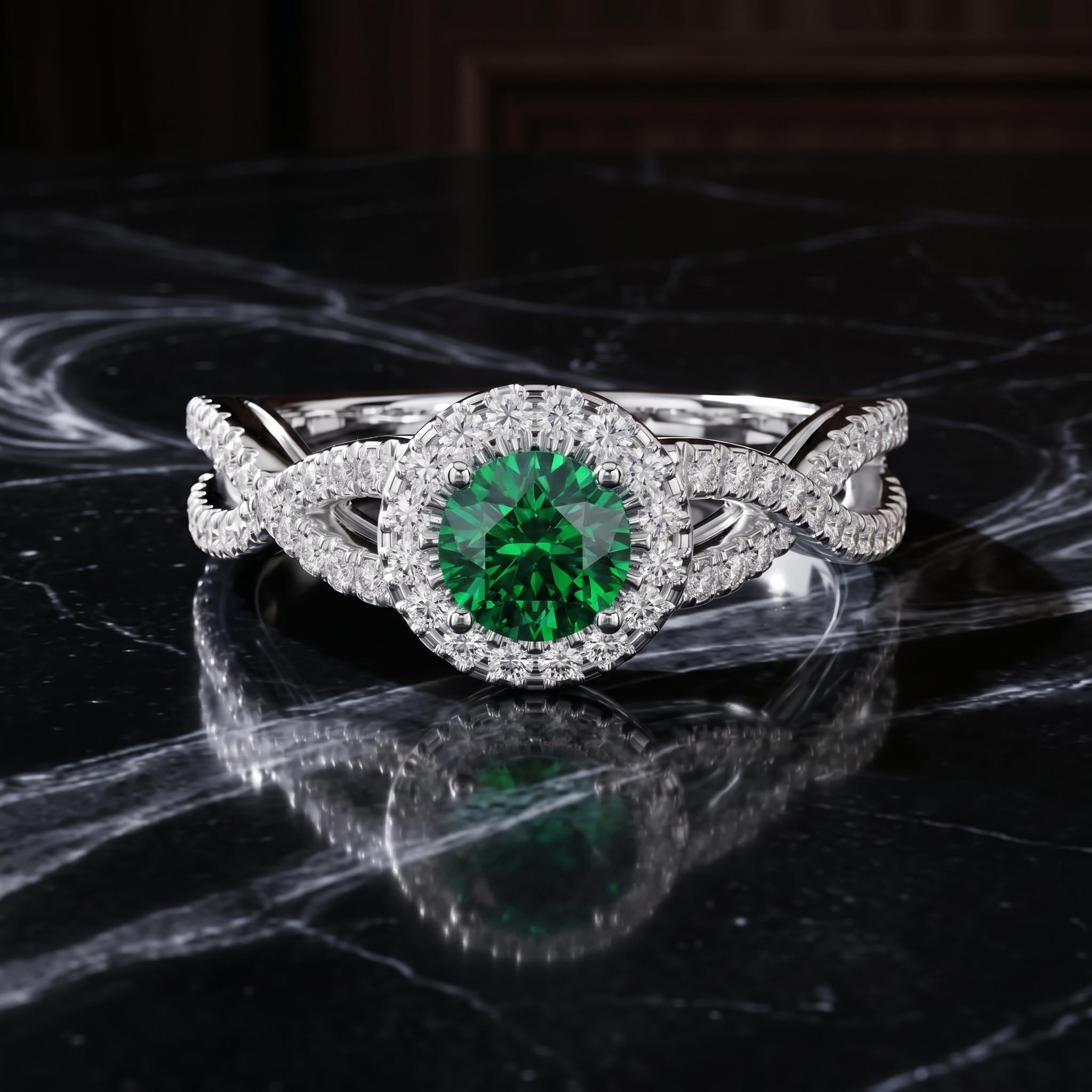 Rose Gold Over Sterling Silver Round Cut Emerald Halo Ring, Criss Cross Shank, Moissanite Side Stones