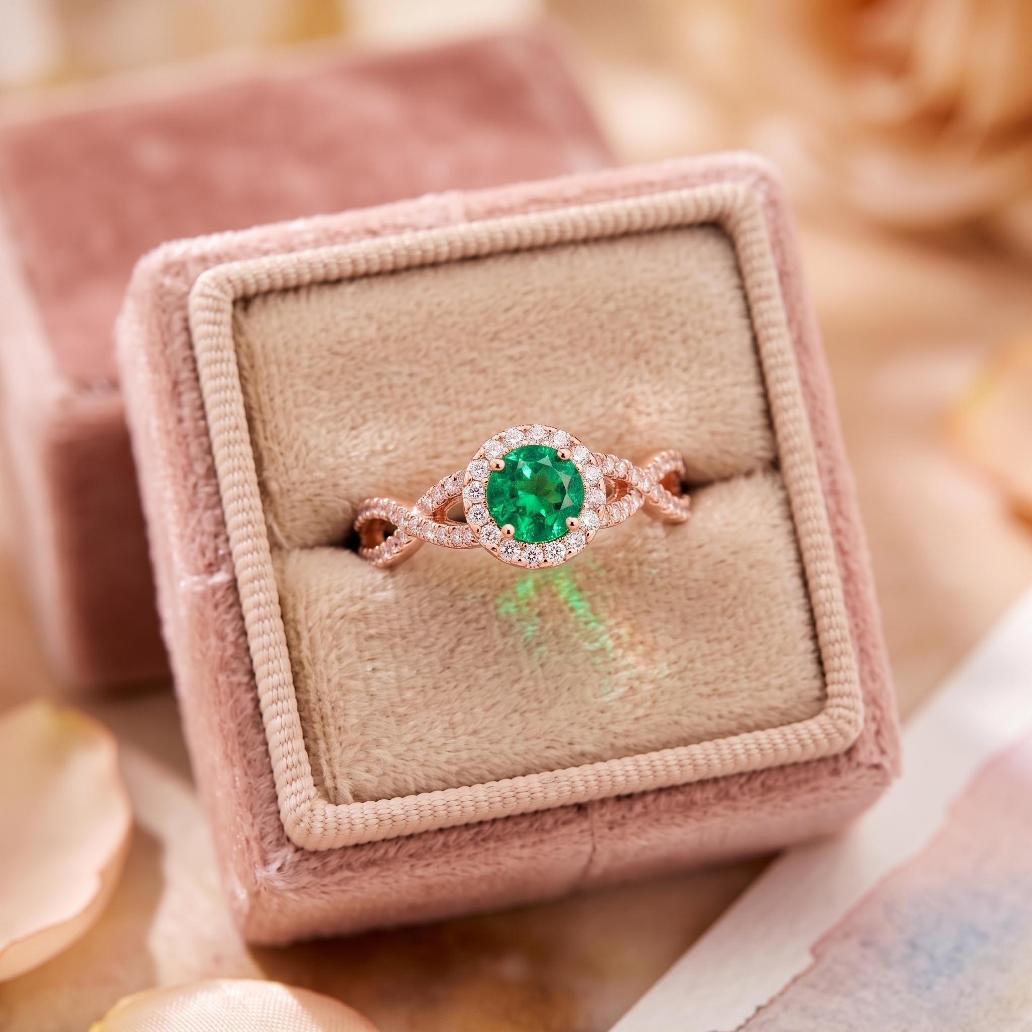 Rose Gold Over Sterling Silver Round Cut Emerald Halo Ring, Criss Cross Shank, Moissanite Side Stones