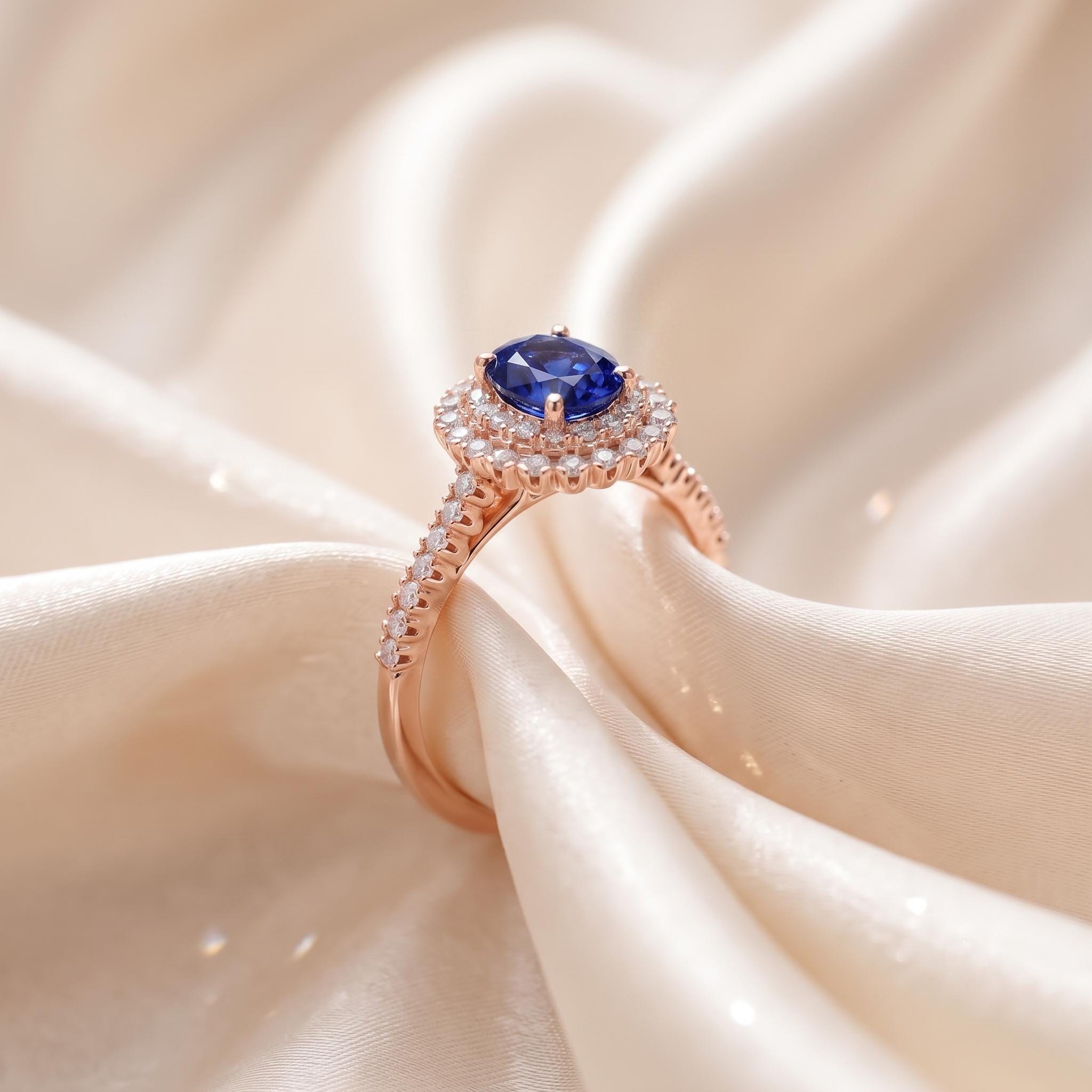 Lab Created Blue Sapphire Sterling Silver Double Halo Ring, Moissanite Accent, Personalized Gift