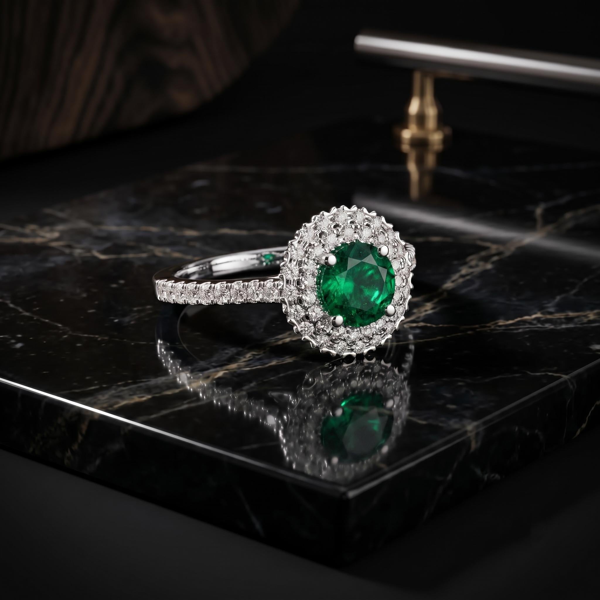 Lab Created Emerald Moissanite Double Halo Ring, 925 Sterling Silver, Rose Gold Finish
