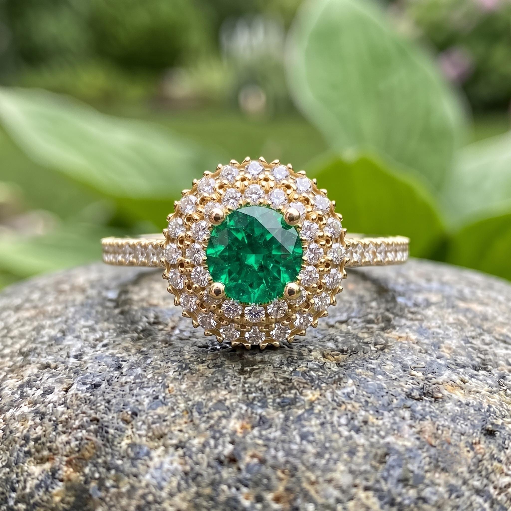 Lab Created Emerald Moissanite Double Halo Ring, 925 Sterling Silver, Rose Gold Finish