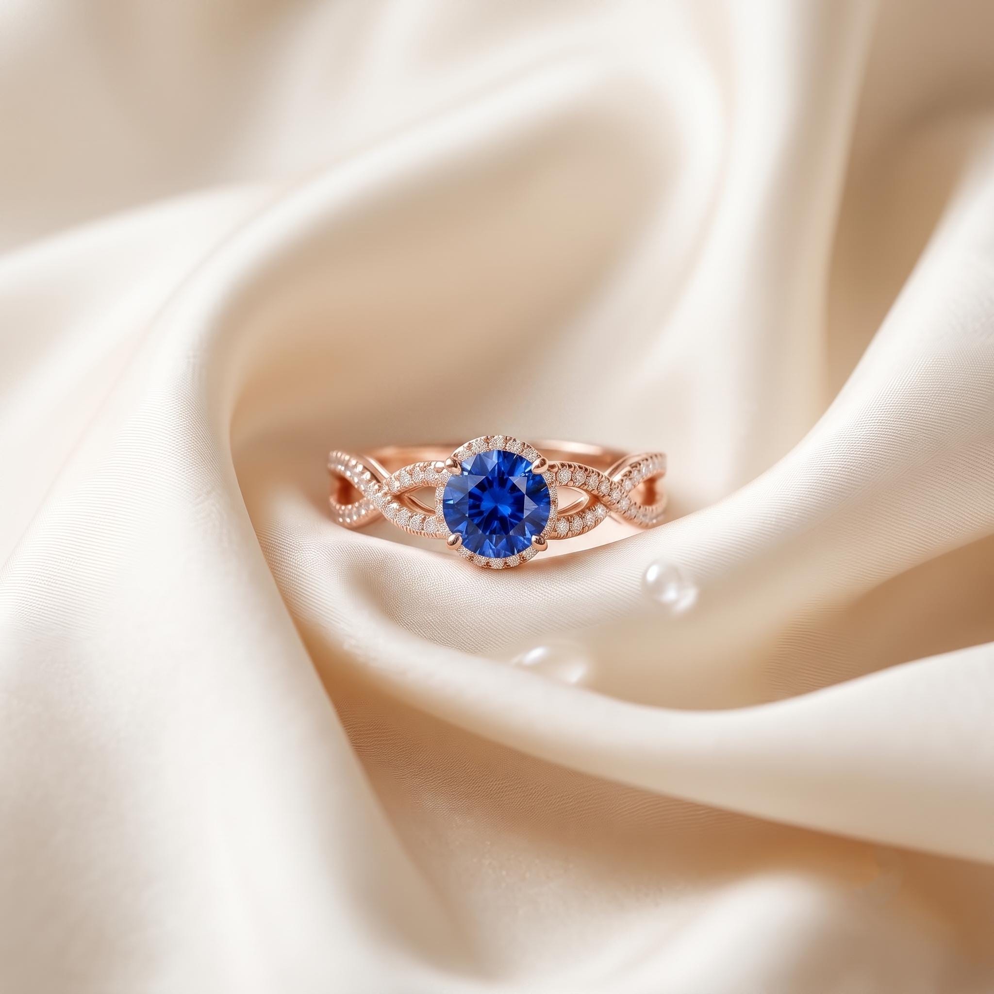 Round Cut Lab Sapphire Ring, Sterling Silver, Twisted Pave Band Halo (925 Silver)