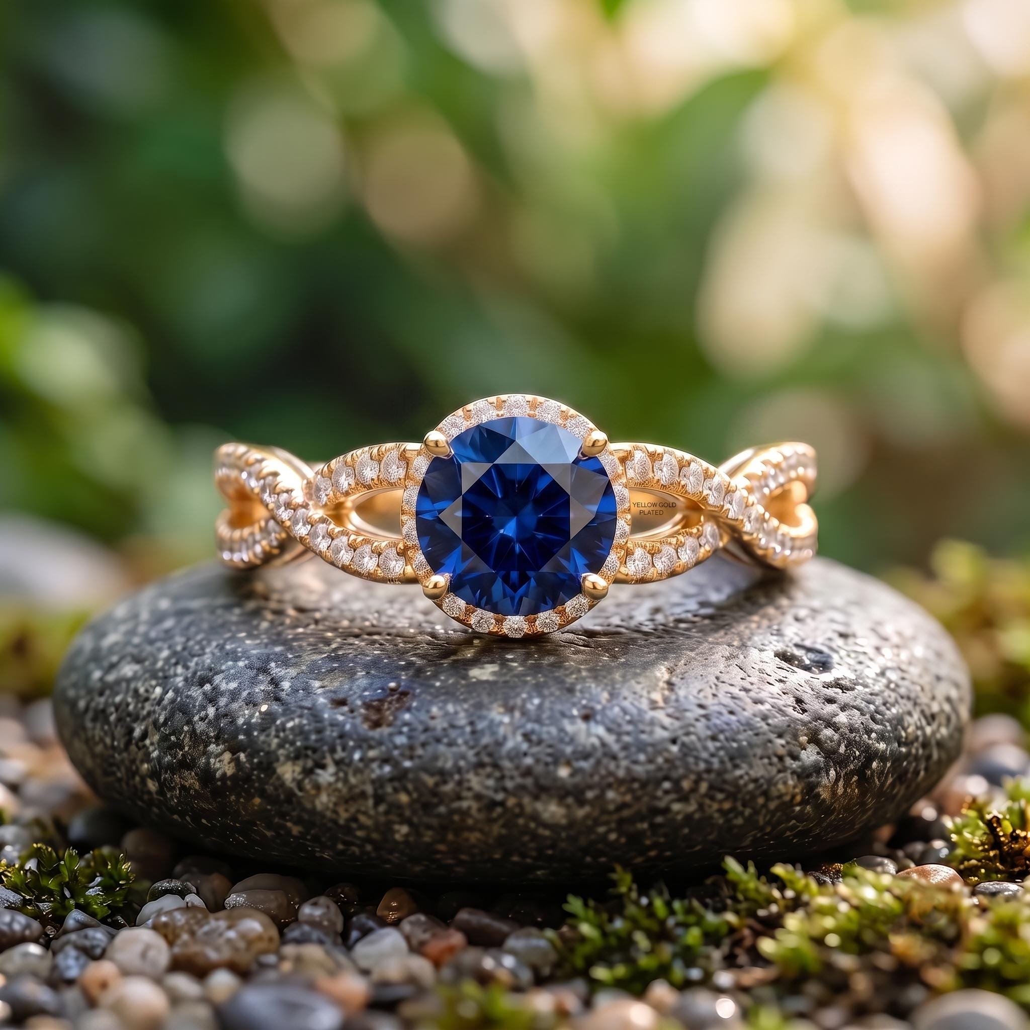 Round Cut Lab Sapphire Ring, Sterling Silver, Twisted Pave Band Halo (925 Silver)