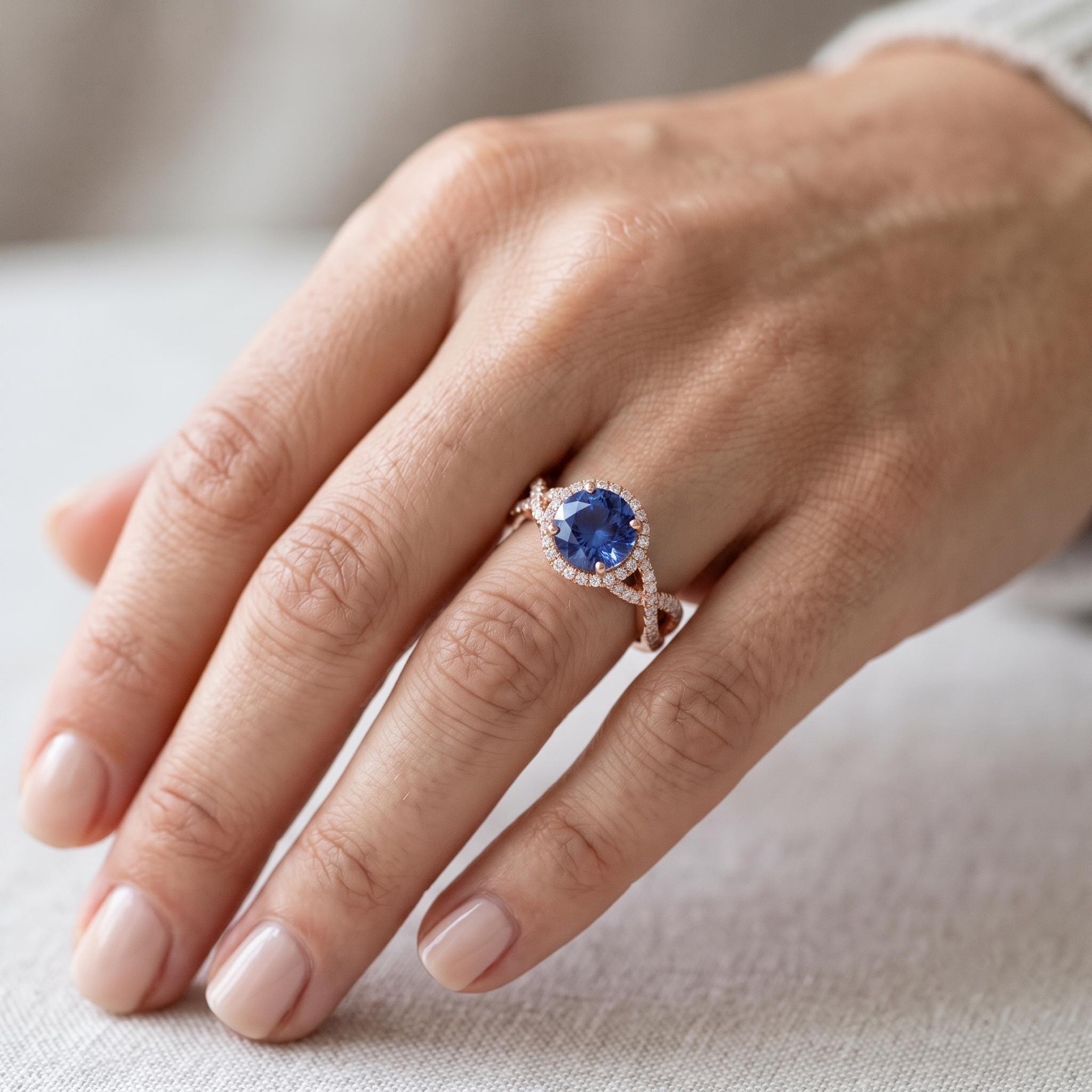 Round Cut Lab Sapphire Ring, Sterling Silver, Twisted Pave Band Halo (925 Silver)