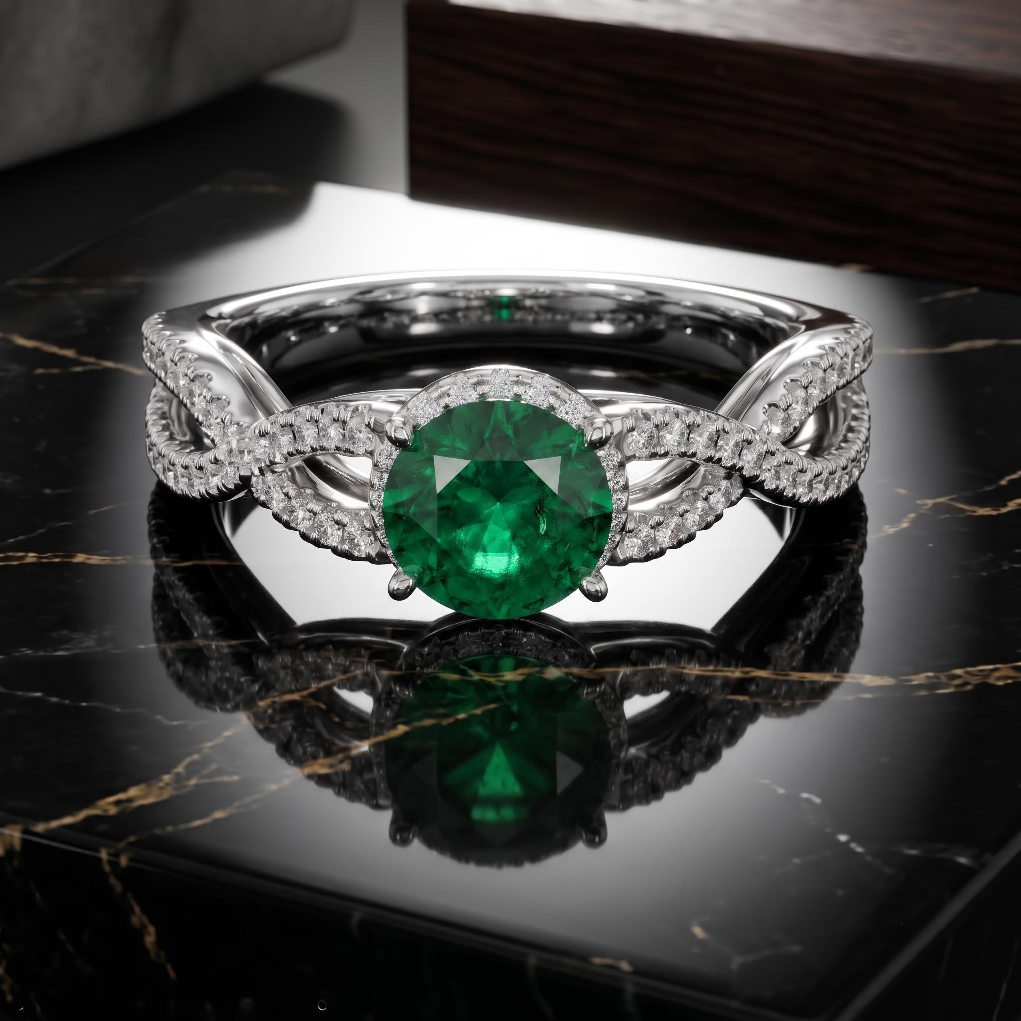 Lab Created Round Green Emerald Moissanite Ring, Twisted Halo Sterling Silver Engagement Ring