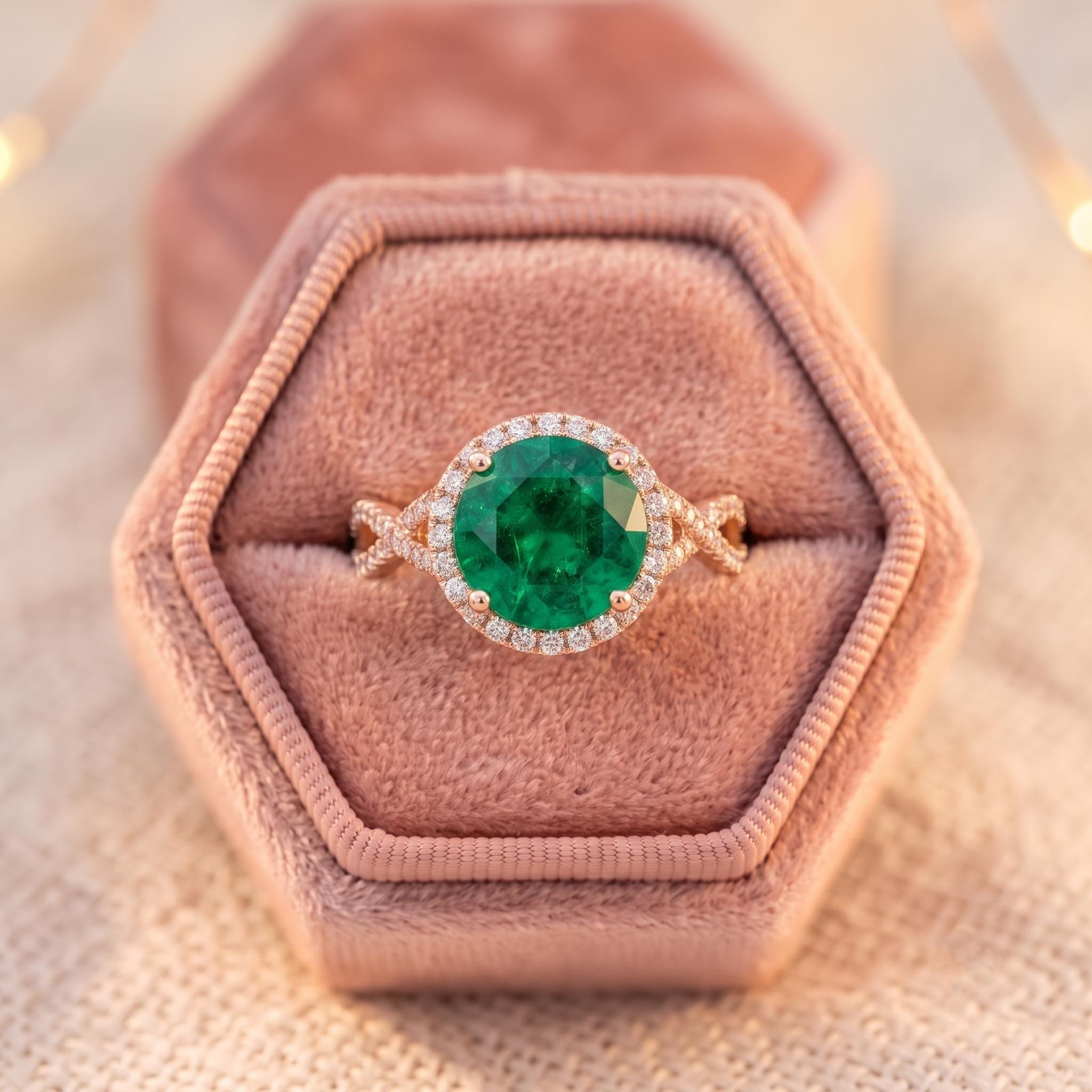 Lab Created Round Green Emerald Moissanite Ring, Twisted Halo Sterling Silver Engagement Ring