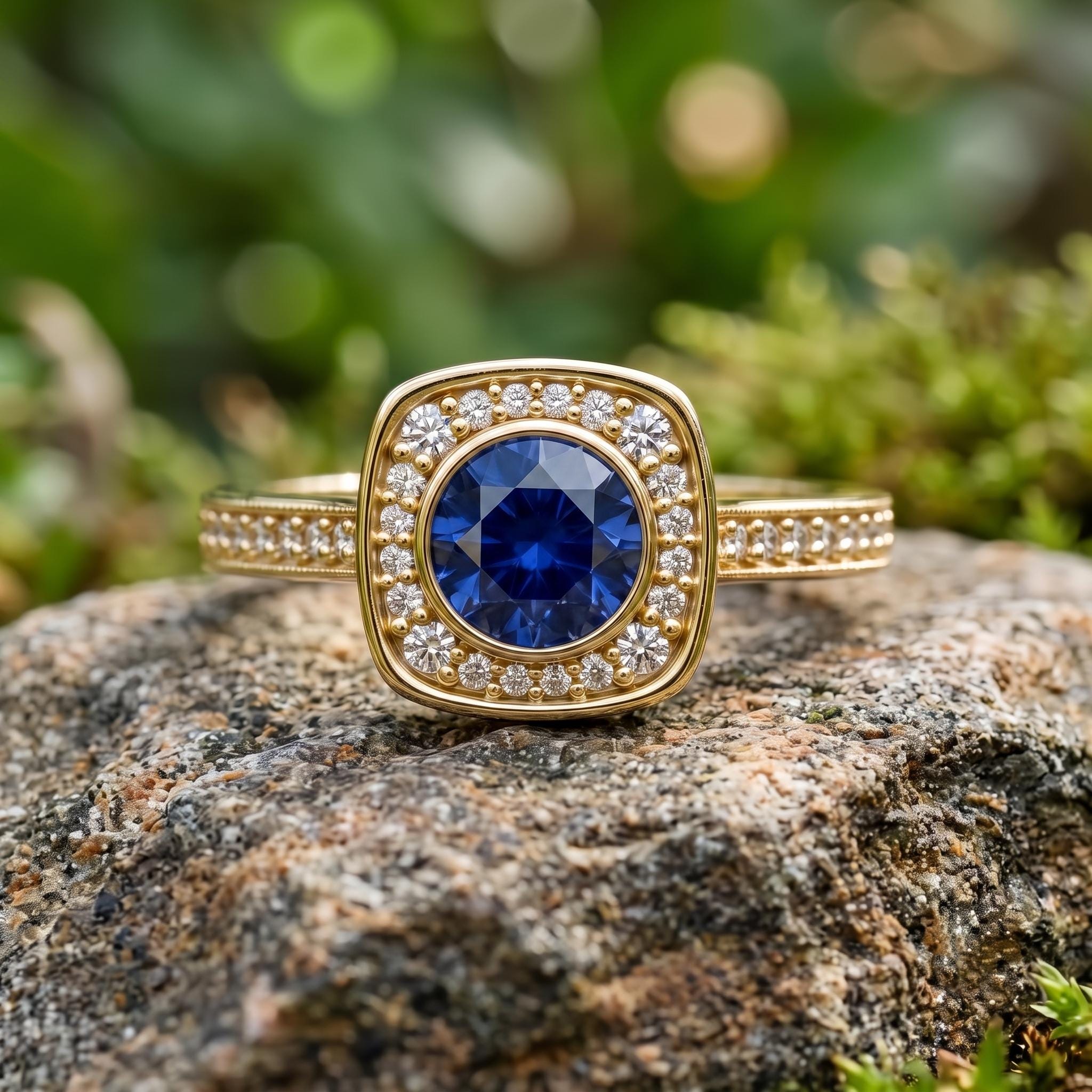 Blue Sapphire Color Moissanite Halo Ring, 925 Sterling Silver, Dainty Wedding Band