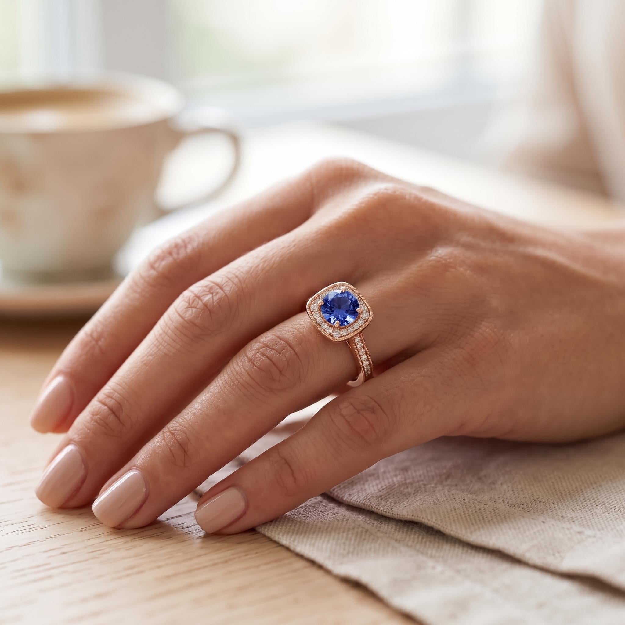 Blue Sapphire Color Moissanite Halo Ring, 925 Sterling Silver, Dainty Wedding Band