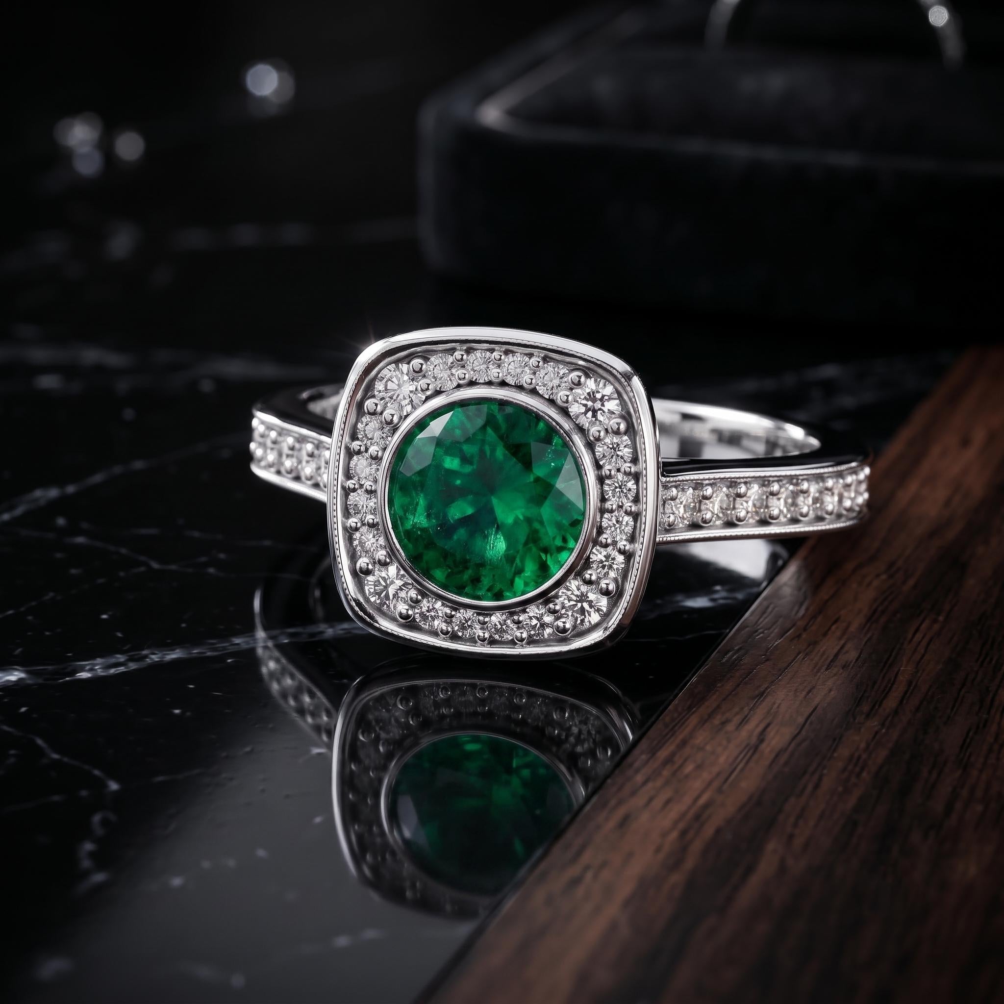 Lab Created Emerald Ring, Sterling Silver, Rose Gold Plated Halo, Moissanite Side Stones