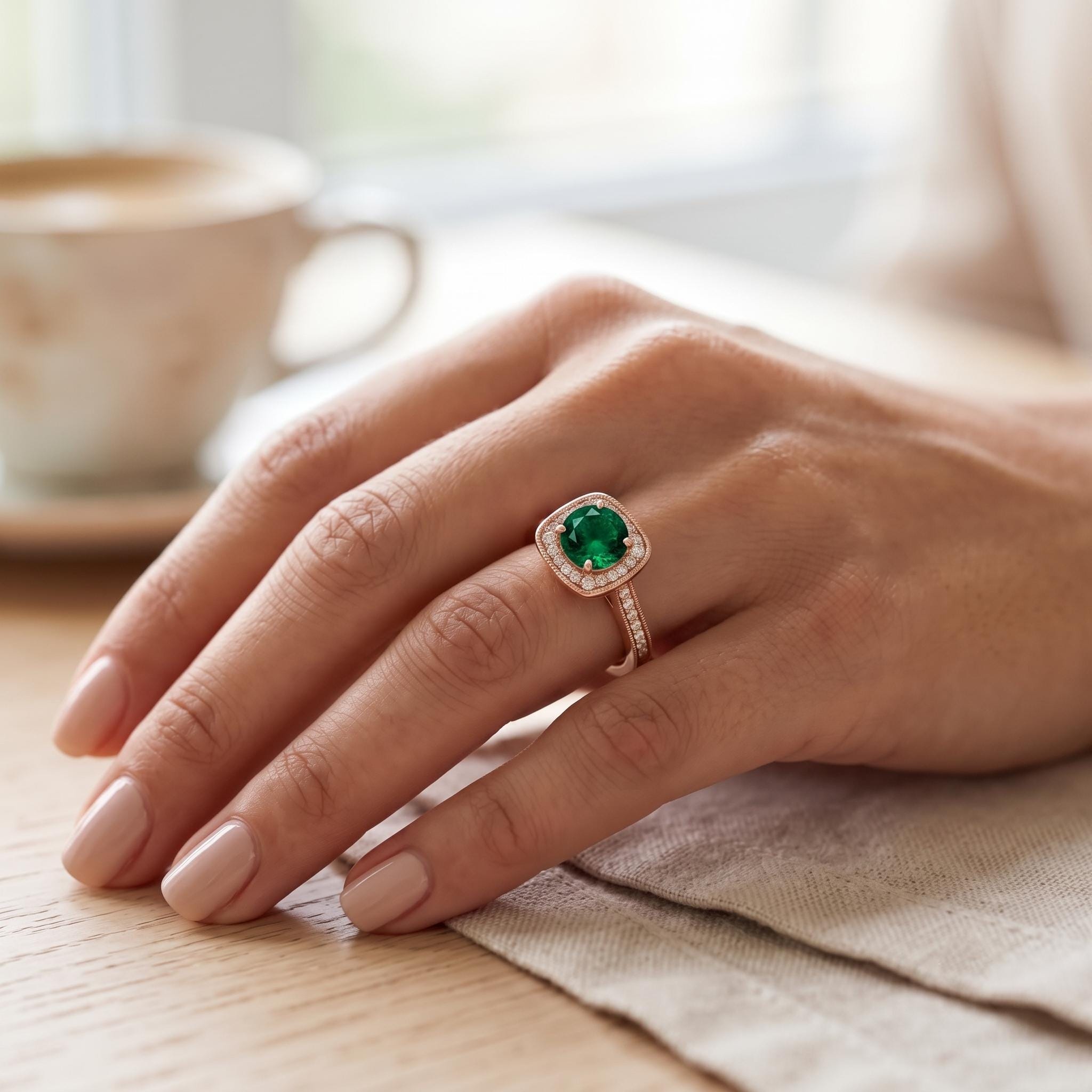 Lab Created Emerald Ring, Sterling Silver, Rose Gold Plated Halo, Moissanite Side Stones