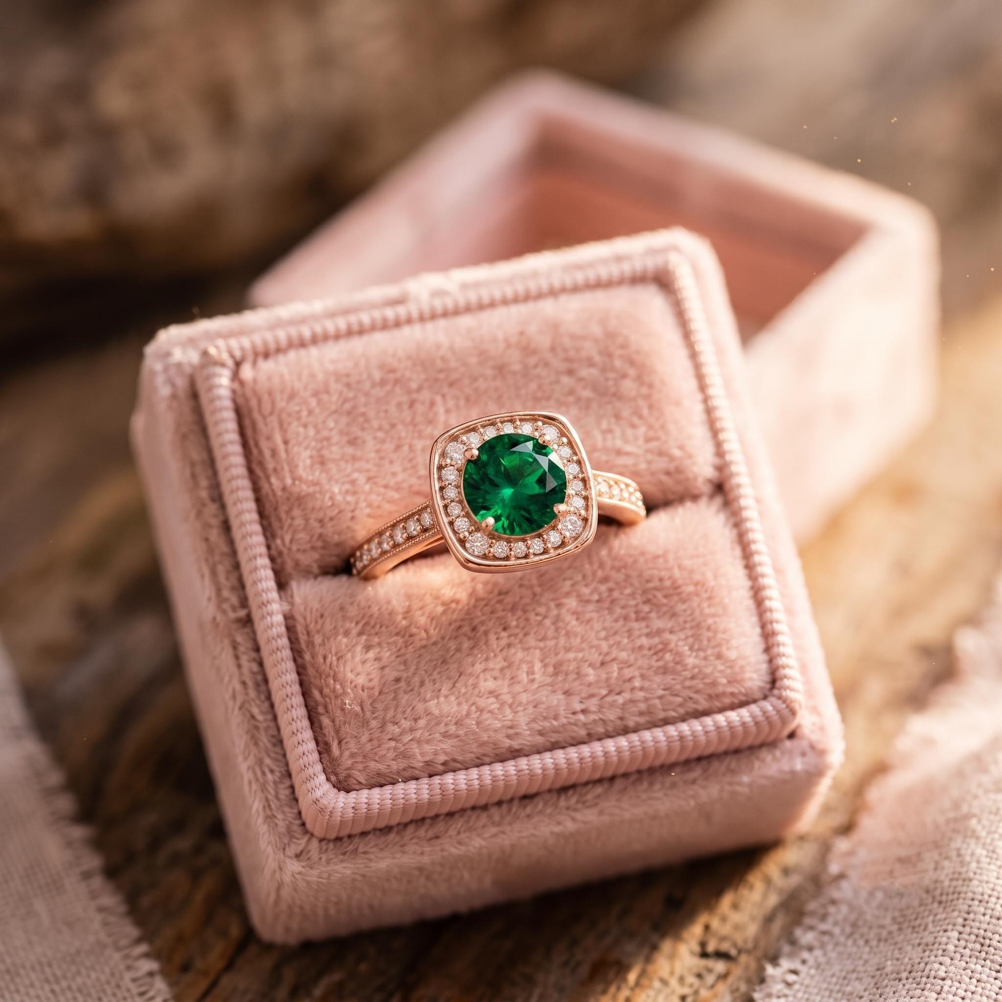 Lab Created Emerald Ring, Sterling Silver, Rose Gold Plated Halo, Moissanite Side Stones