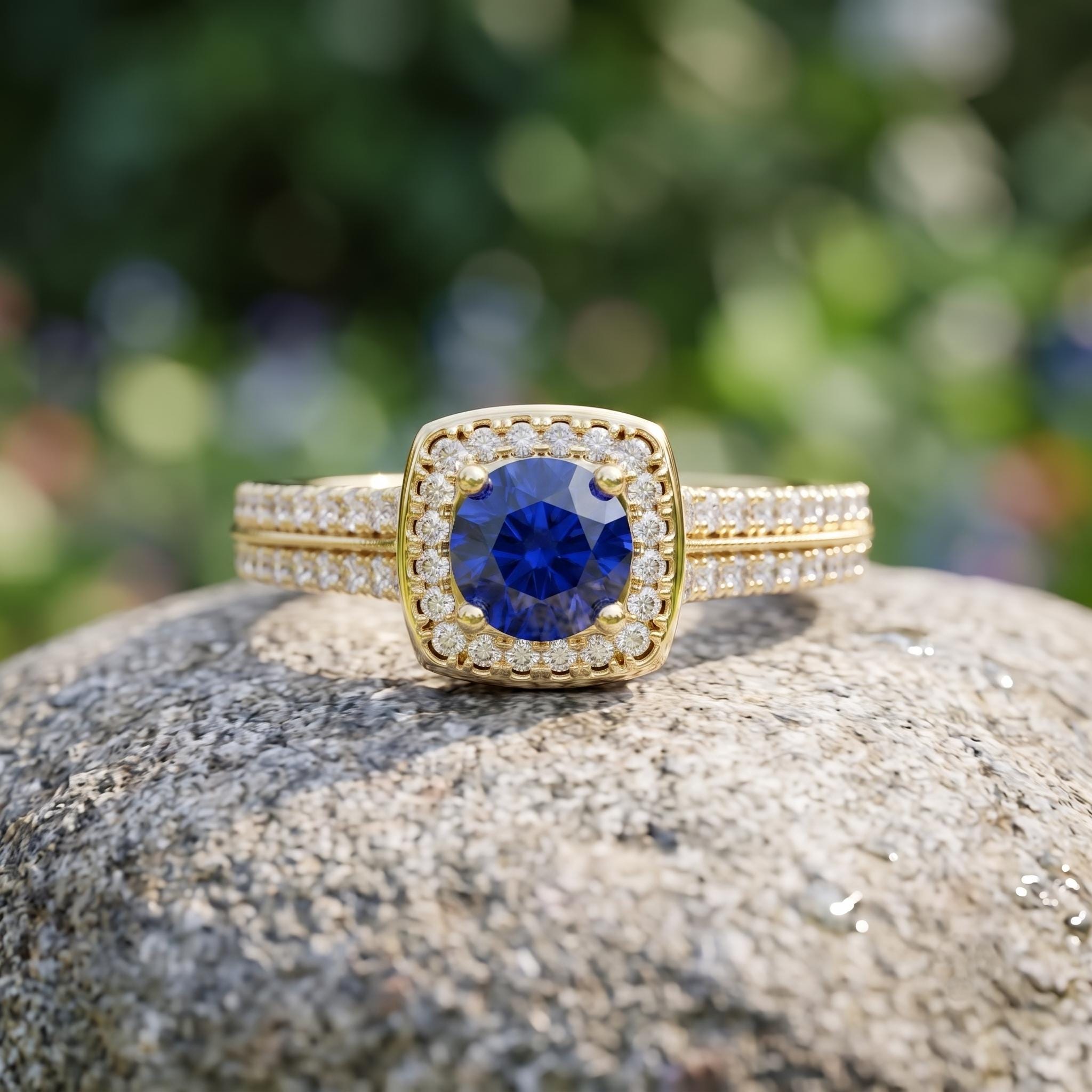 Round Cut Blue Sapphire Ring, 925 Sterling Silver, Moissanite Halo, Rose Gold Bridal Gemstone