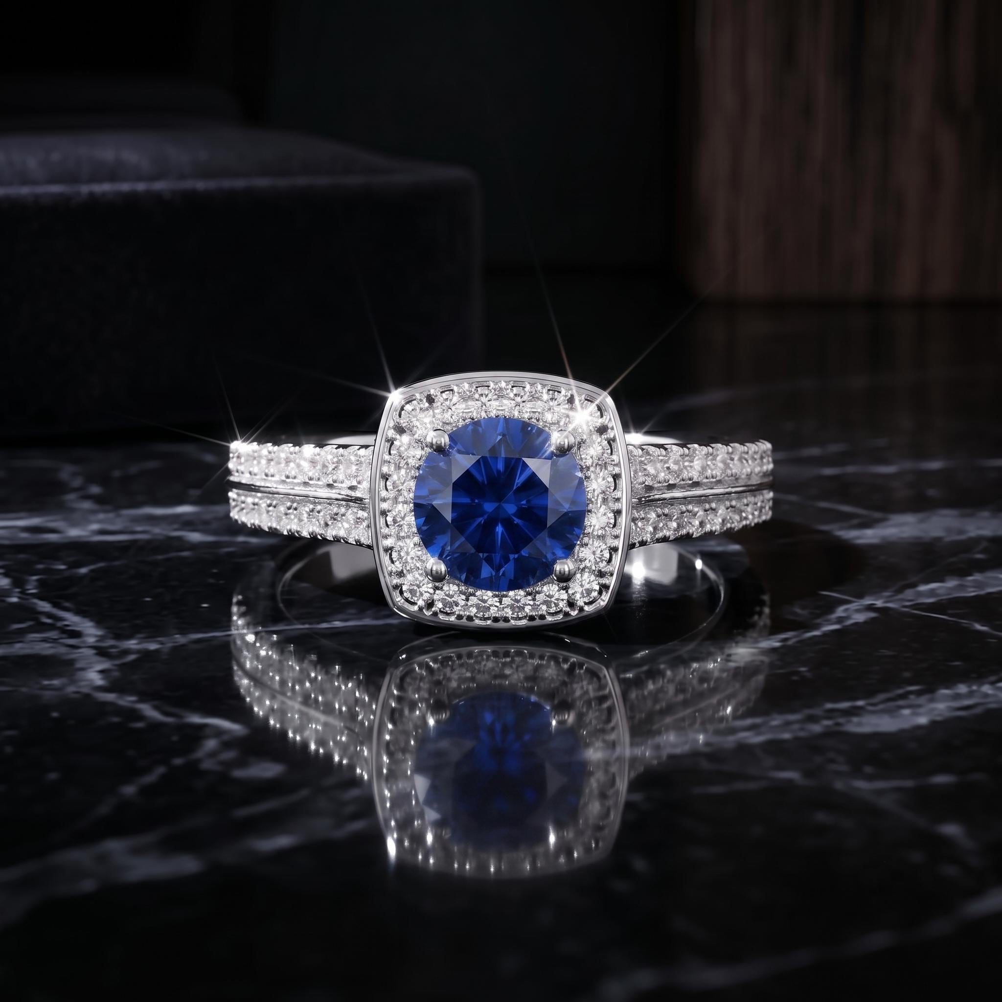 Round Cut Blue Sapphire Ring, 925 Sterling Silver, Moissanite Halo, Rose Gold Bridal Gemstone