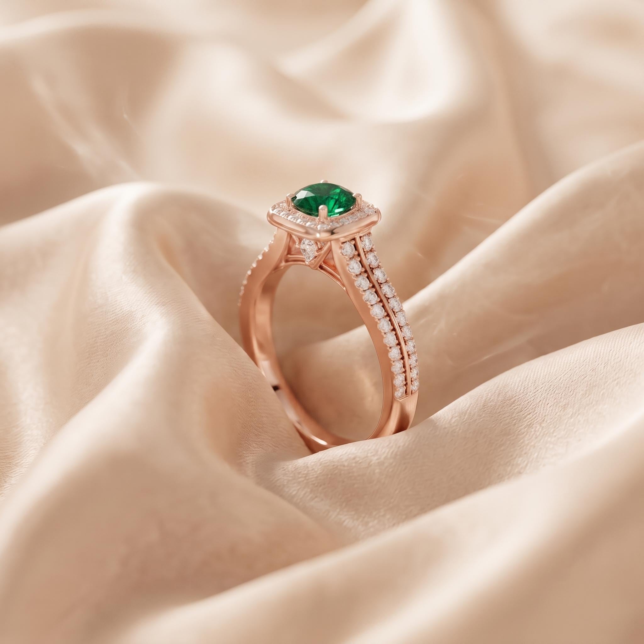 Lab Created Emerald Sterling Silver Halo Ring, Moissanite Accent, Dainty Engagement Ring