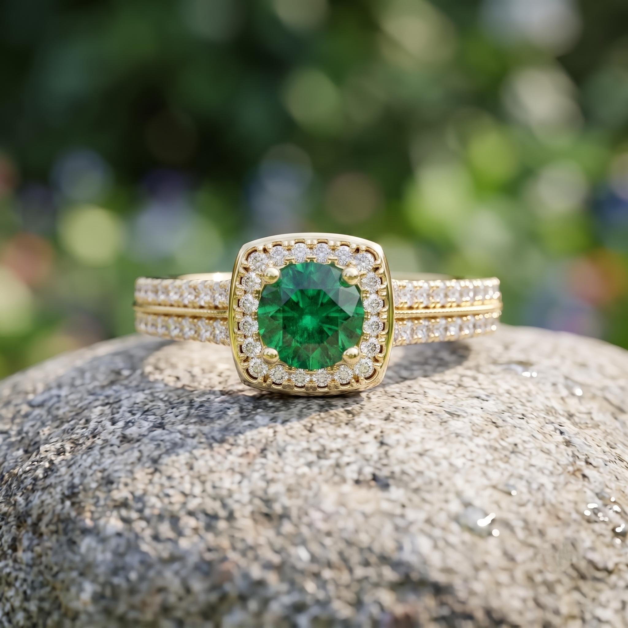 Lab Created Emerald Sterling Silver Halo Ring, Moissanite Accent, Dainty Engagement Ring