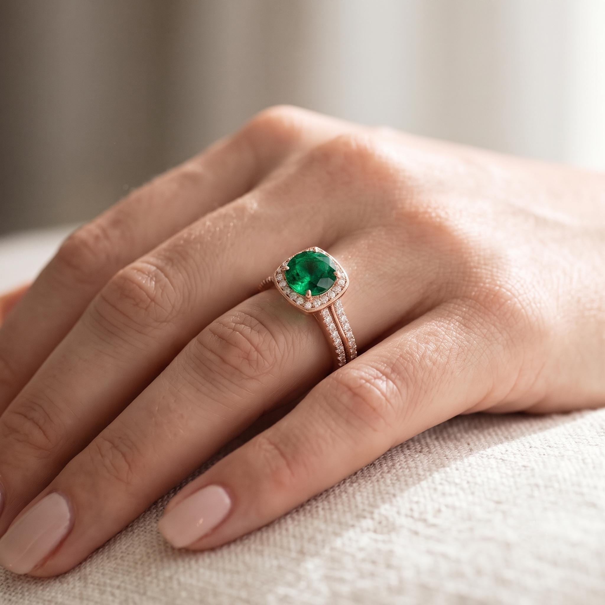 Lab Created Emerald Sterling Silver Halo Ring, Moissanite Accent, Dainty Engagement Ring