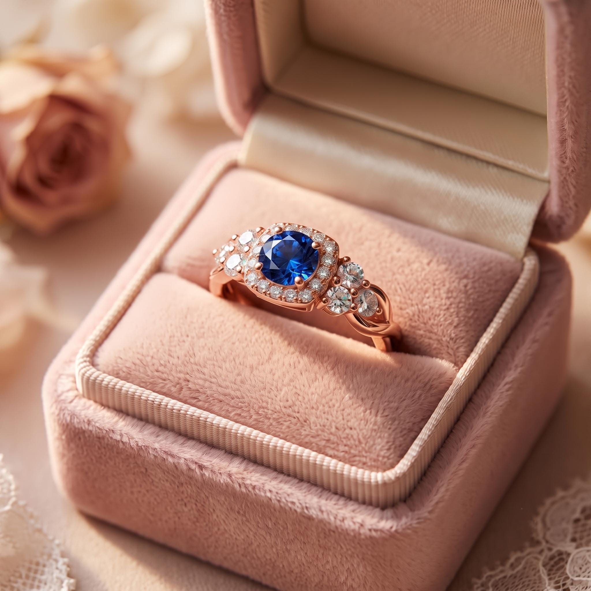 Blue Sapphire Halo Engagement Ring, Sterling Silver, Rose Gold Plated, Moissanite Side Stones
