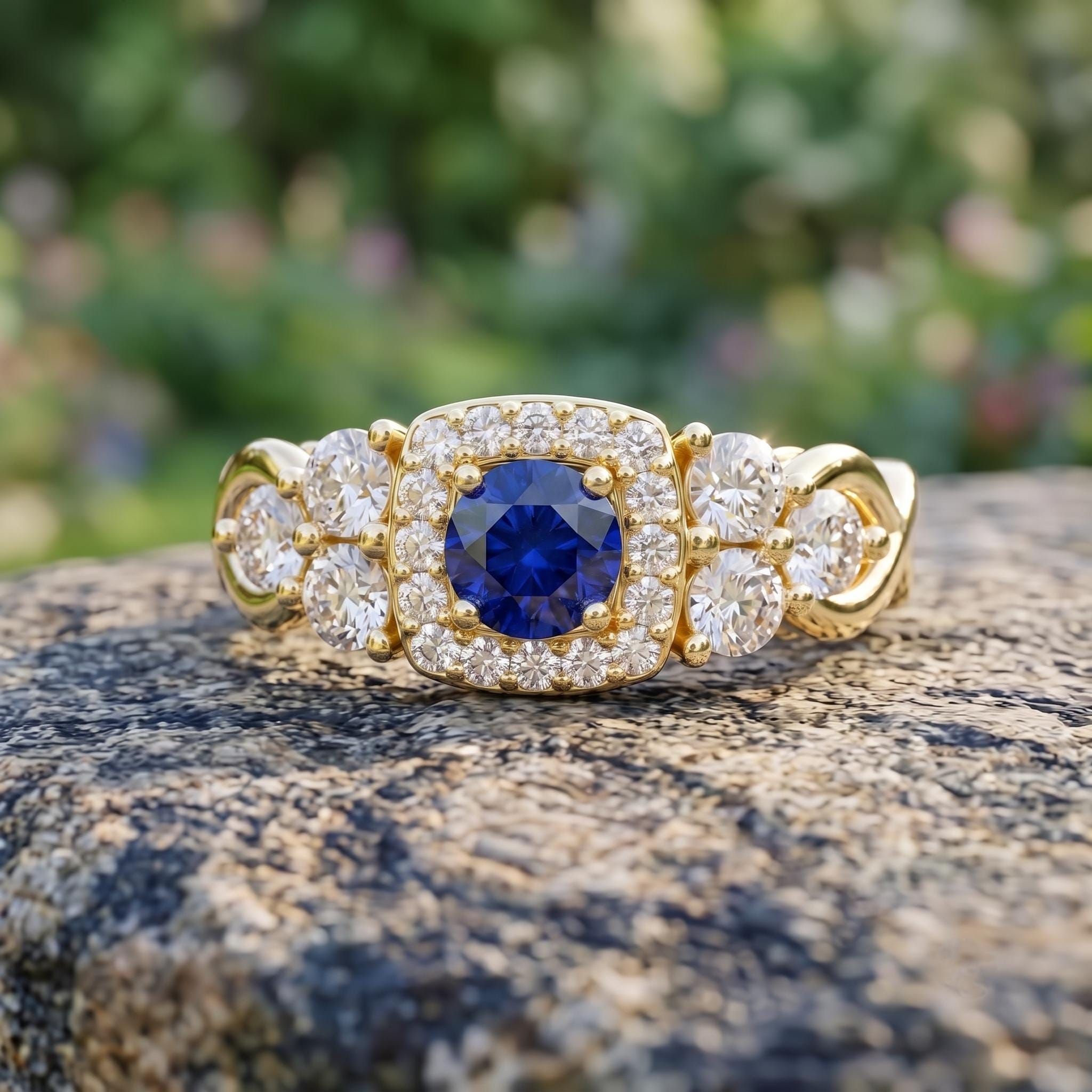 Blue Sapphire Halo Engagement Ring, Sterling Silver, Rose Gold Plated, Moissanite Side Stones