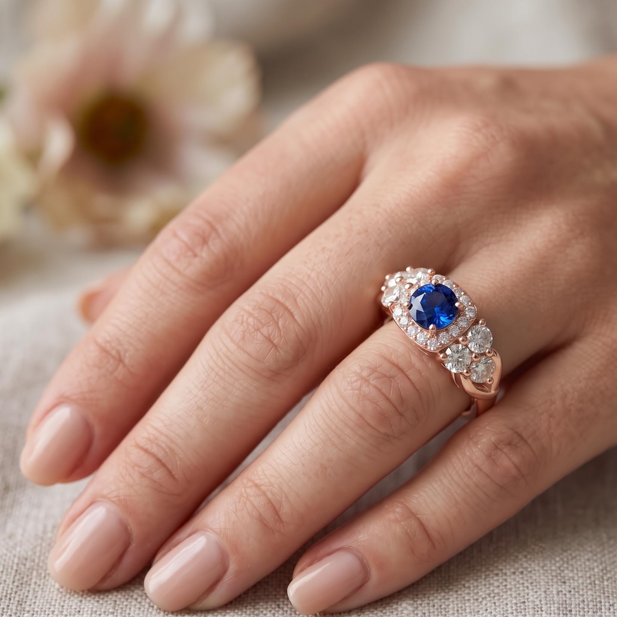 Blue Sapphire Halo Engagement Ring, Sterling Silver, Rose Gold Plated, Moissanite Side Stones