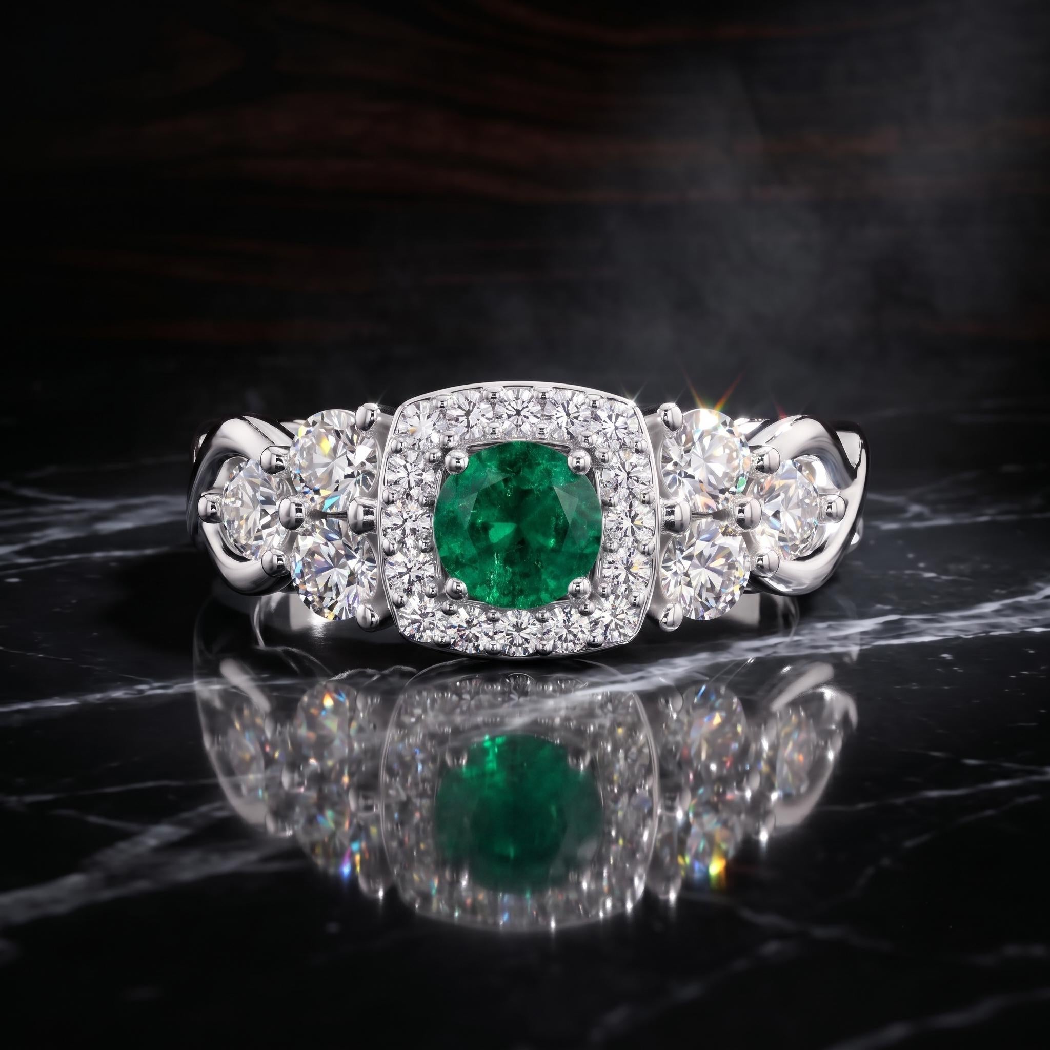 Lab-Created Green Stone Halo Ring, Sterling Silver, Moissanite Side Stones, Art Deco Style