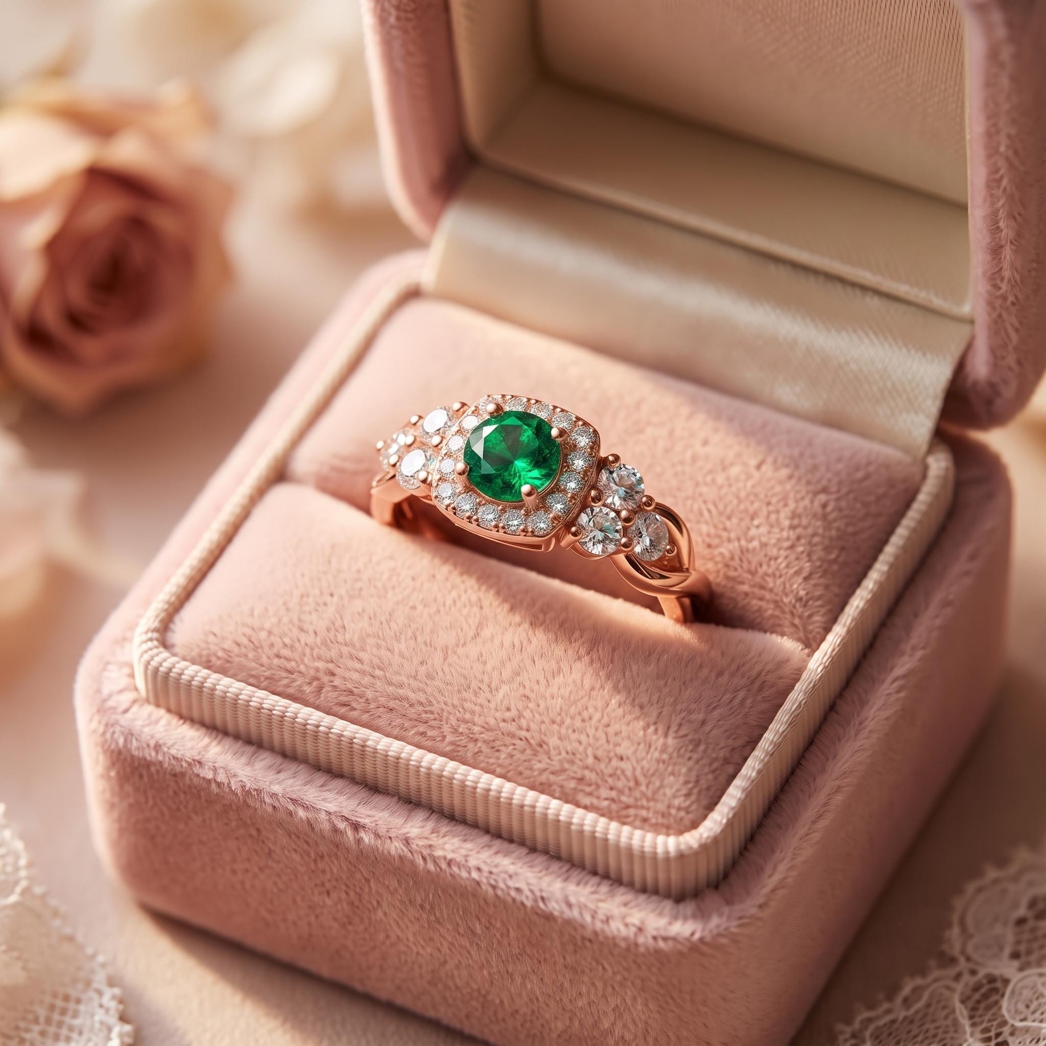 Lab-Created Green Stone Halo Ring, Sterling Silver, Moissanite Side Stones, Art Deco Style