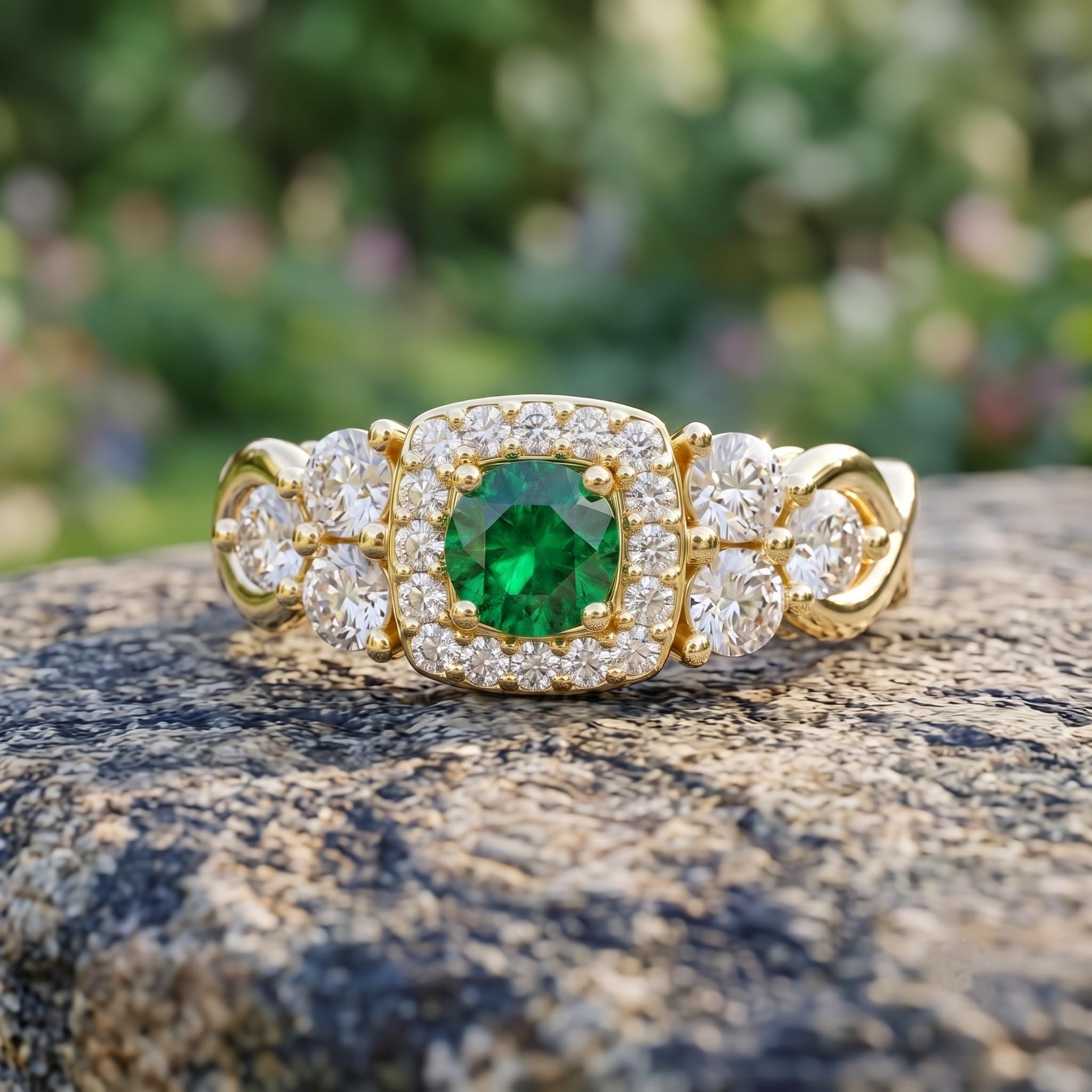 Lab-Created Green Stone Halo Ring, Sterling Silver, Moissanite Side Stones, Art Deco Style