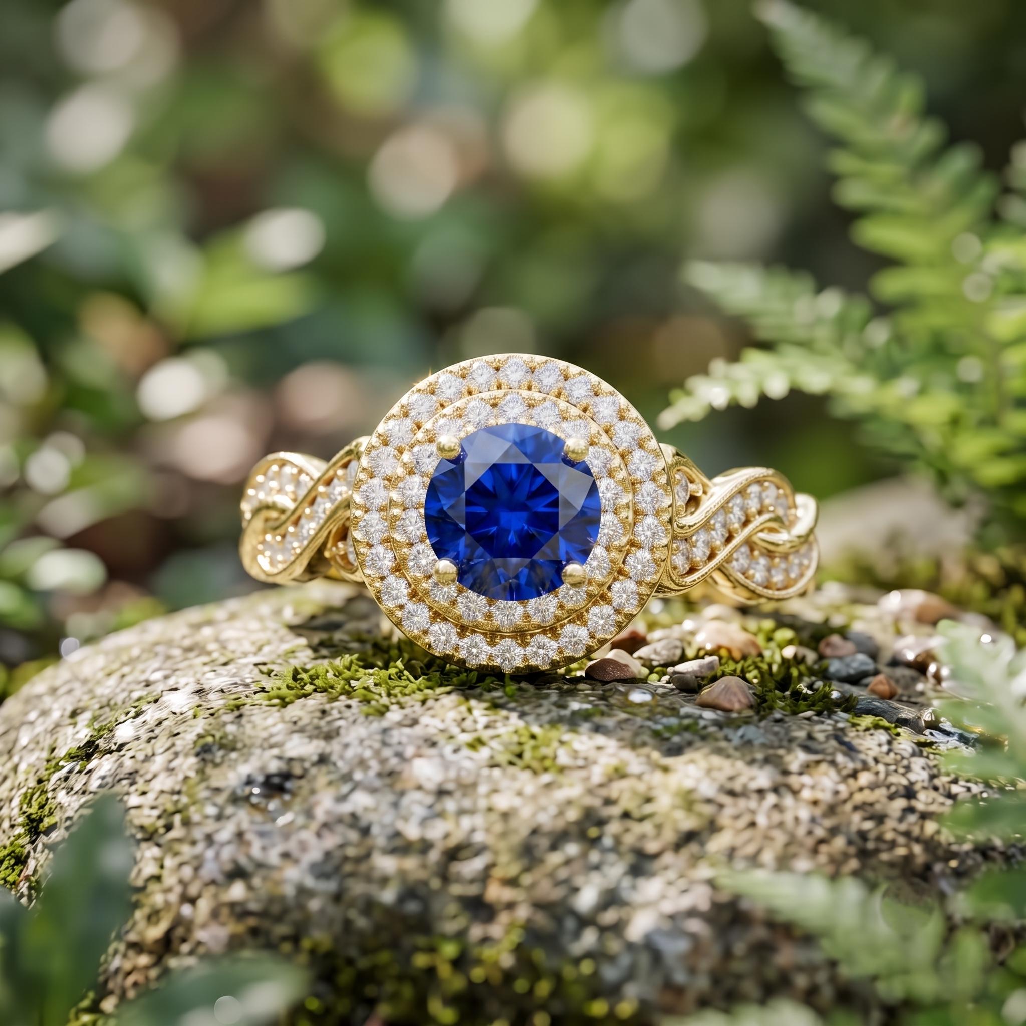Lab Created Sapphire Double Halo Engagement Ring, Rose Gold Plated Sterling Silver, Infinity Band