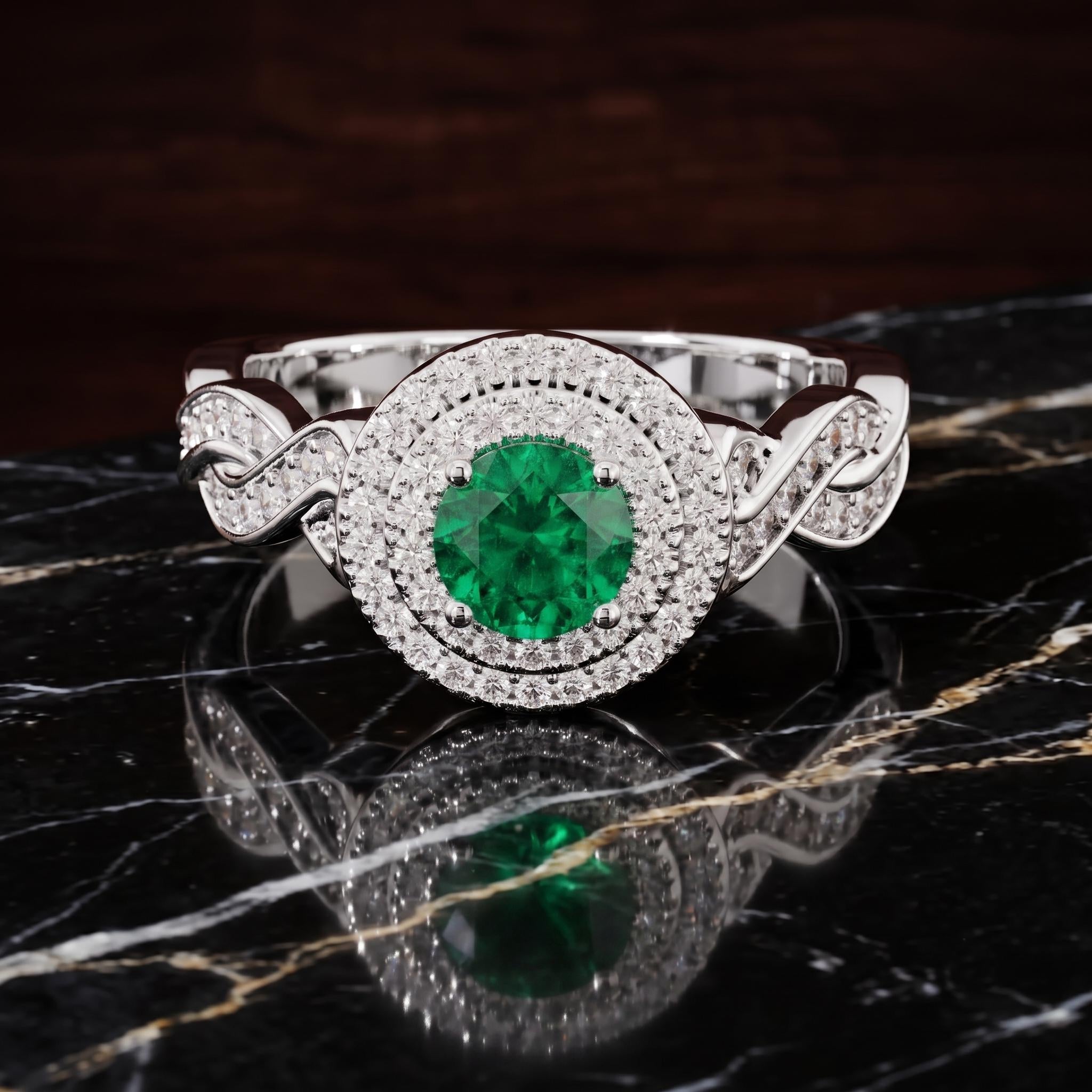 Sterling Silver Round Green Gemstone Halo Ring, Rose Gold Twisted Pave Band, Lab Created Stone