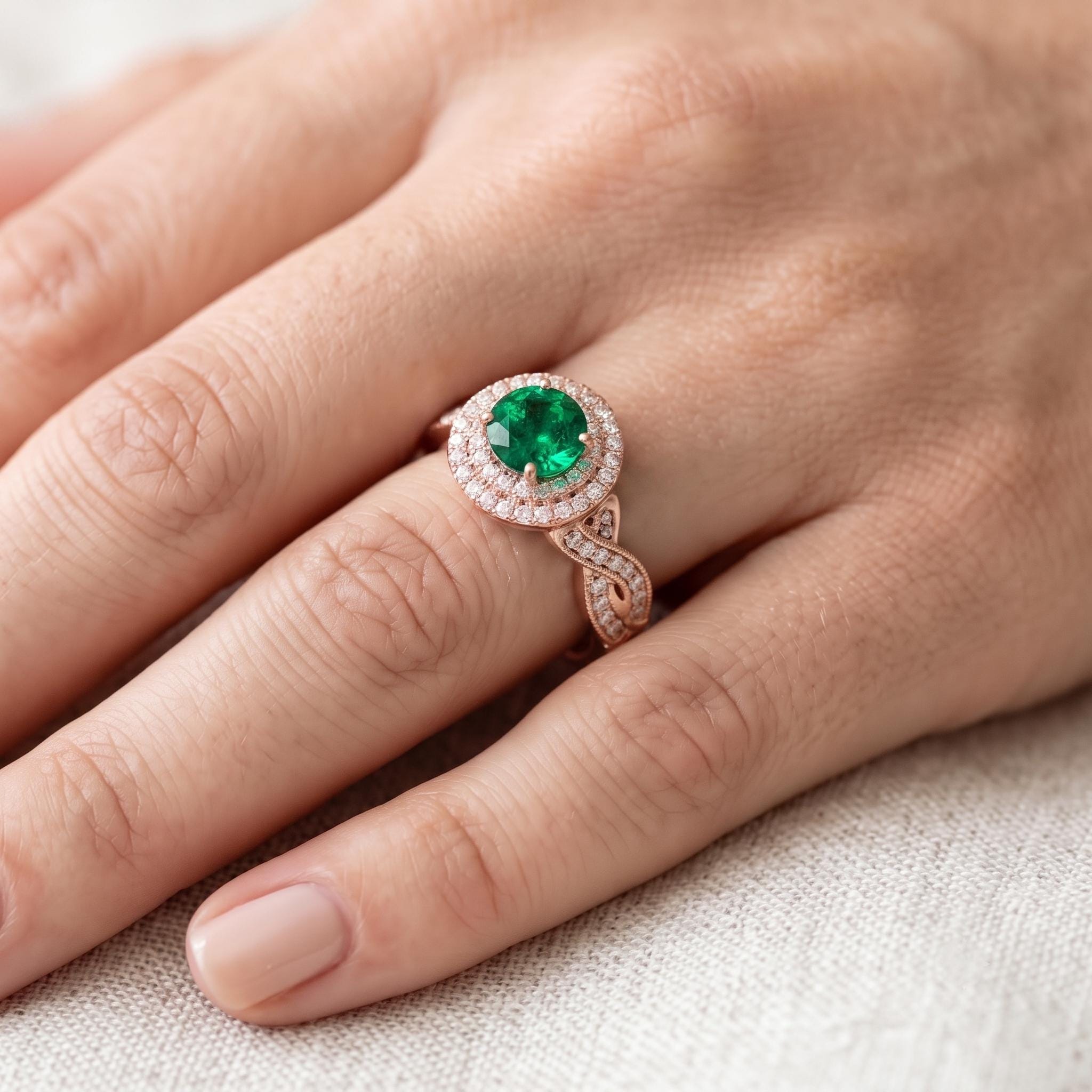 Sterling Silver Round Green Gemstone Halo Ring, Rose Gold Twisted Pave Band, Lab Created Stone