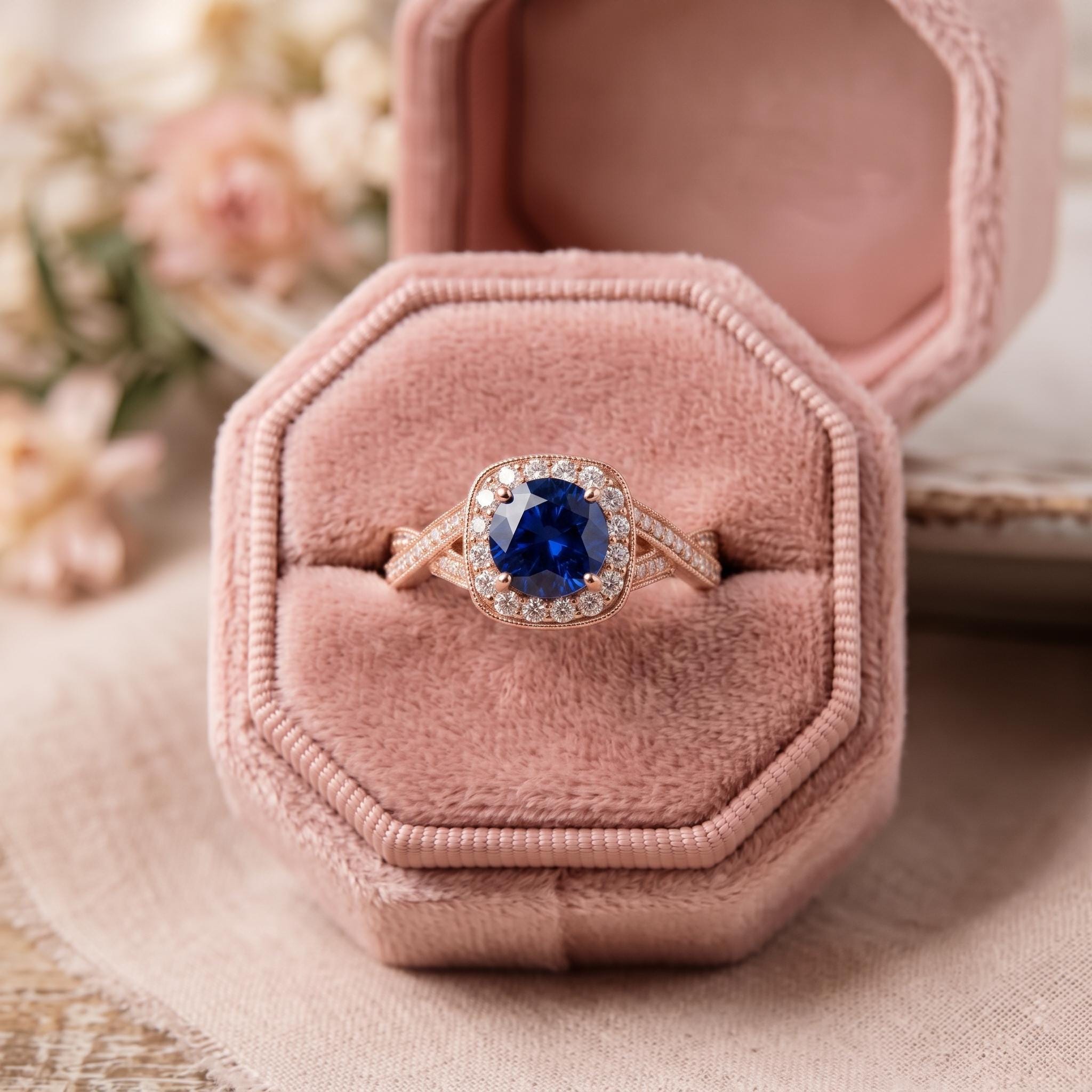 Blue Sapphire Halo Engagement Ring, Sterling Silver Rose Gold Plated Twist Band