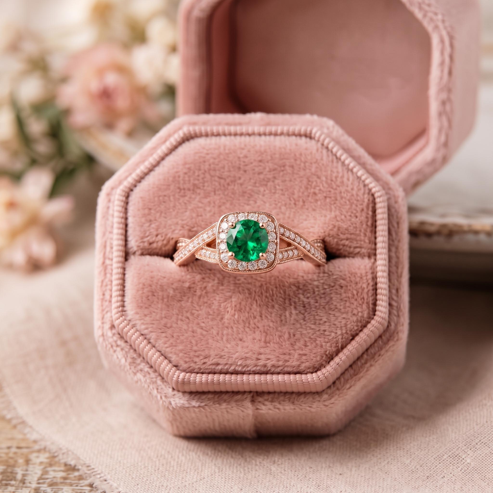 Green Lab Created Gemstone Halo Ring, 925 Silver, Criss Cross Shank, Moissanite Side Stones